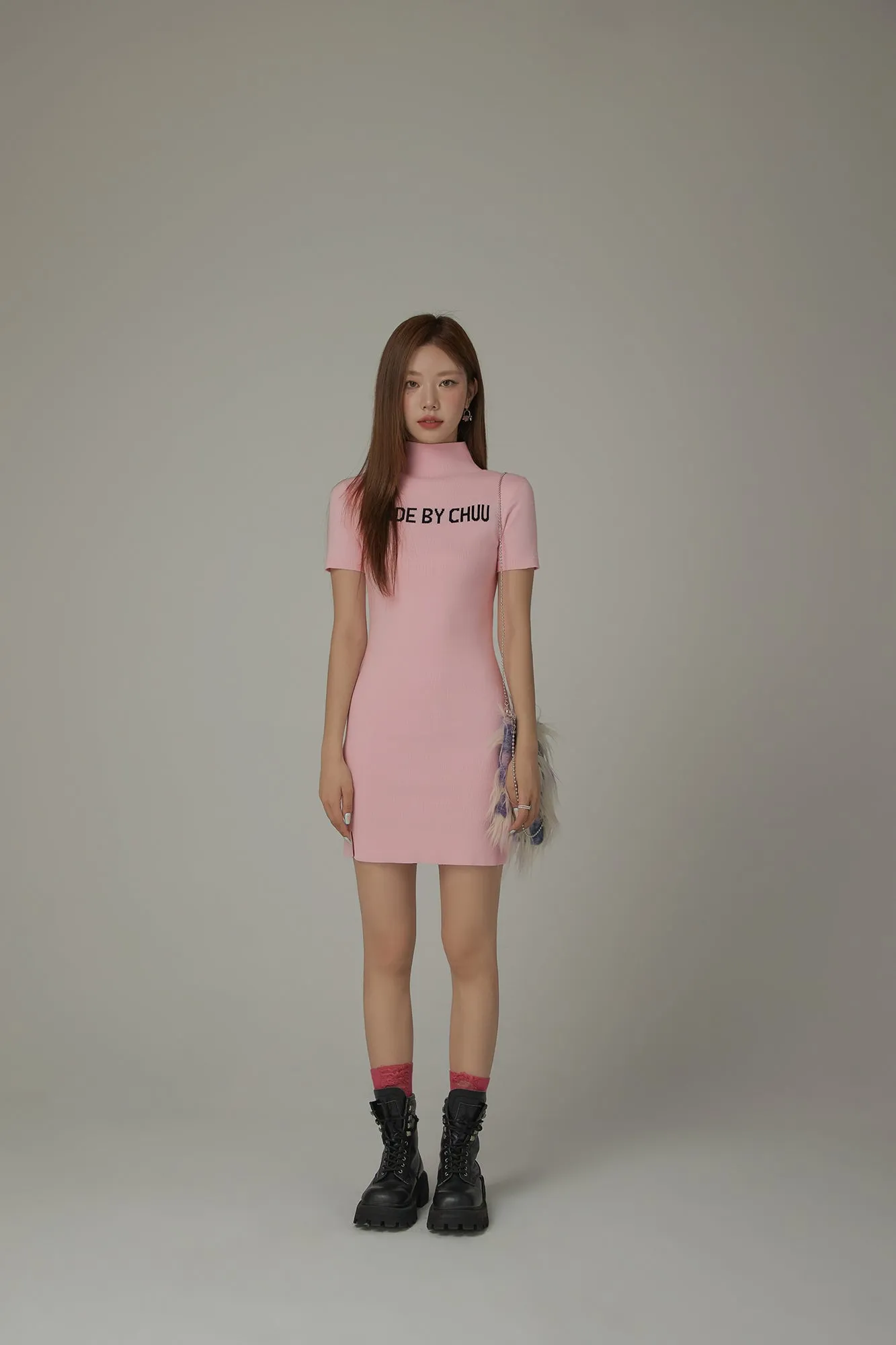 High Neck Logo Knit Mini Dress