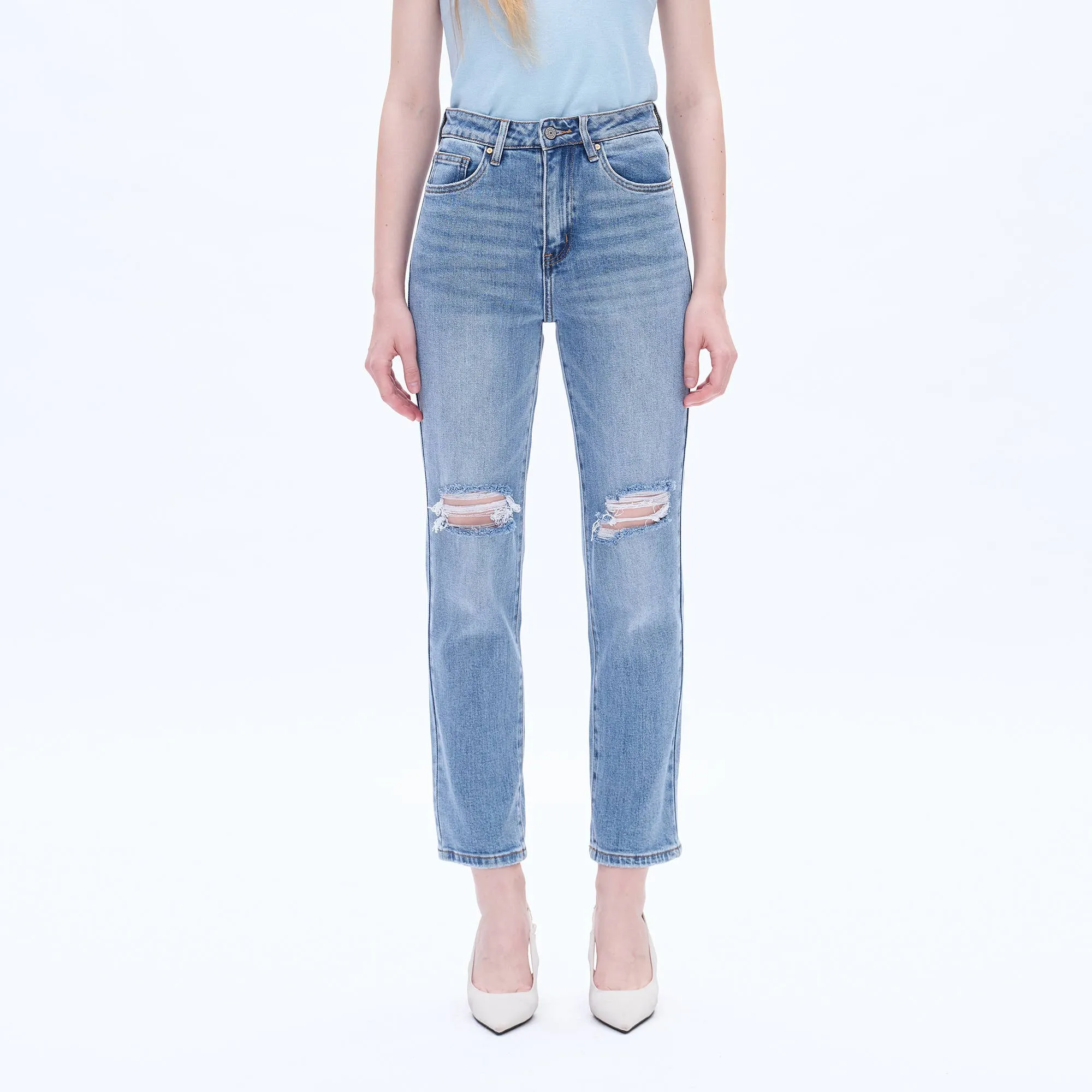 HIGH RISE MOM JEANS WITH FINISHED HEM