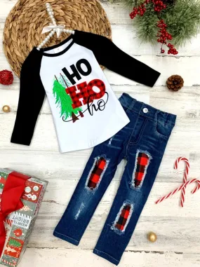 Ho Ho Ho Raglan Top and Plaid Patched Jeans Set