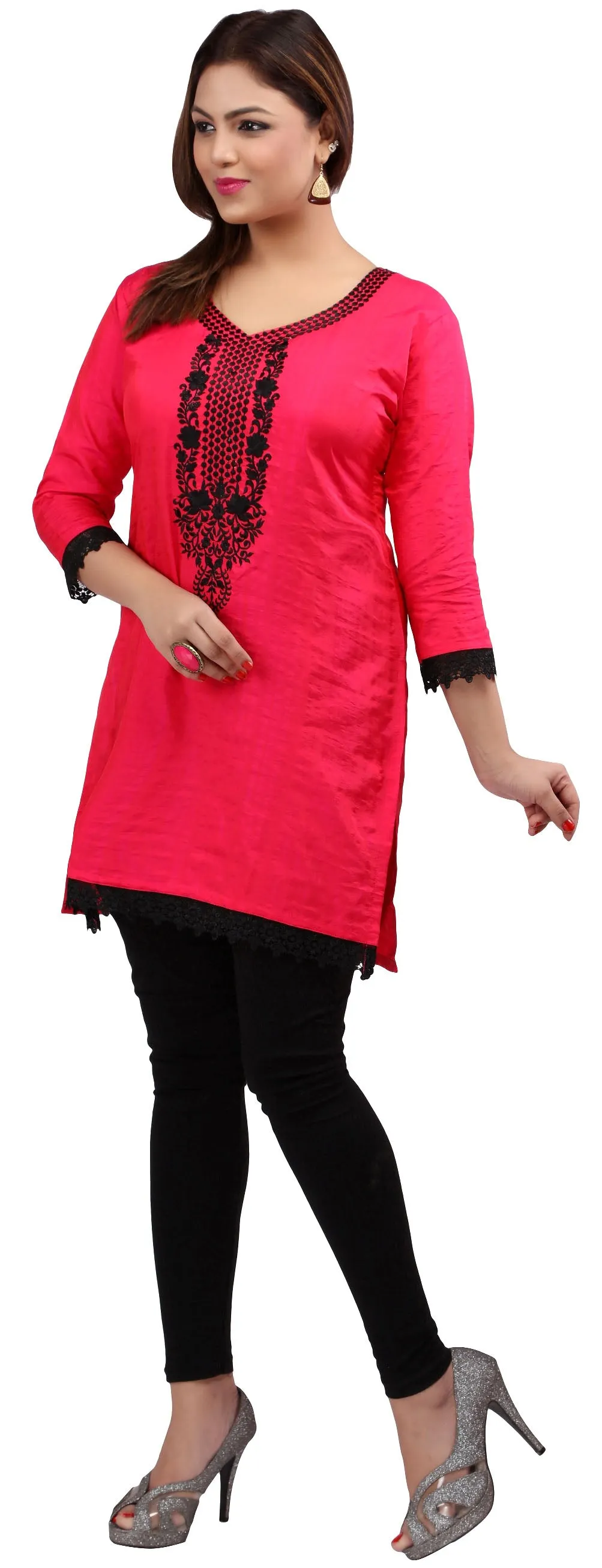 India Women's Tunic Top Kurti Embroidered Indian Clothing (Red)