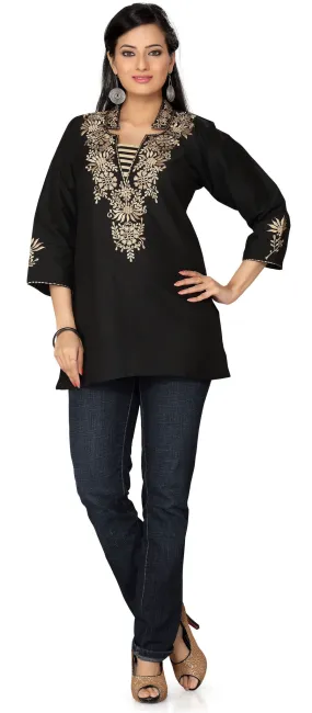 Indian Kurti Womens Embroidered Blouse Indian Apparel (Black)