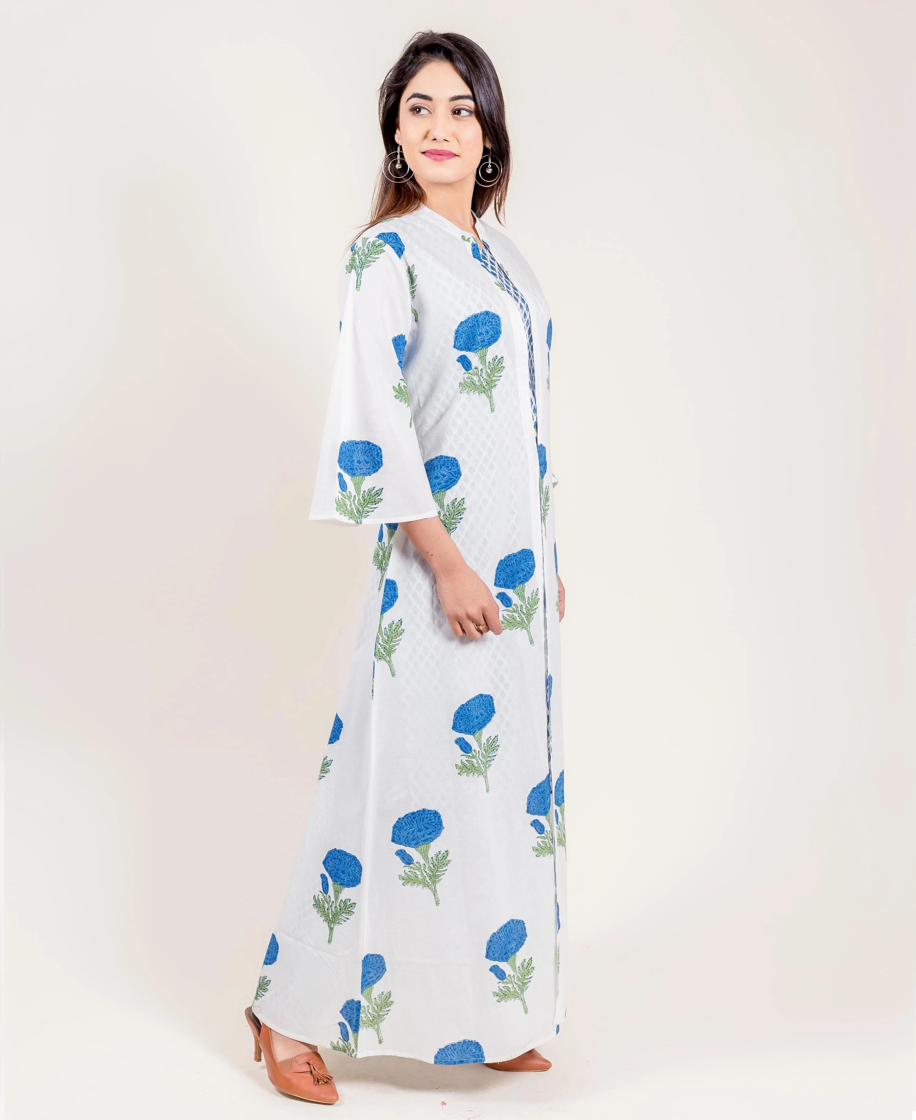 Jacketed Hand Block Printed White And Blue Cotton Lounge Wear