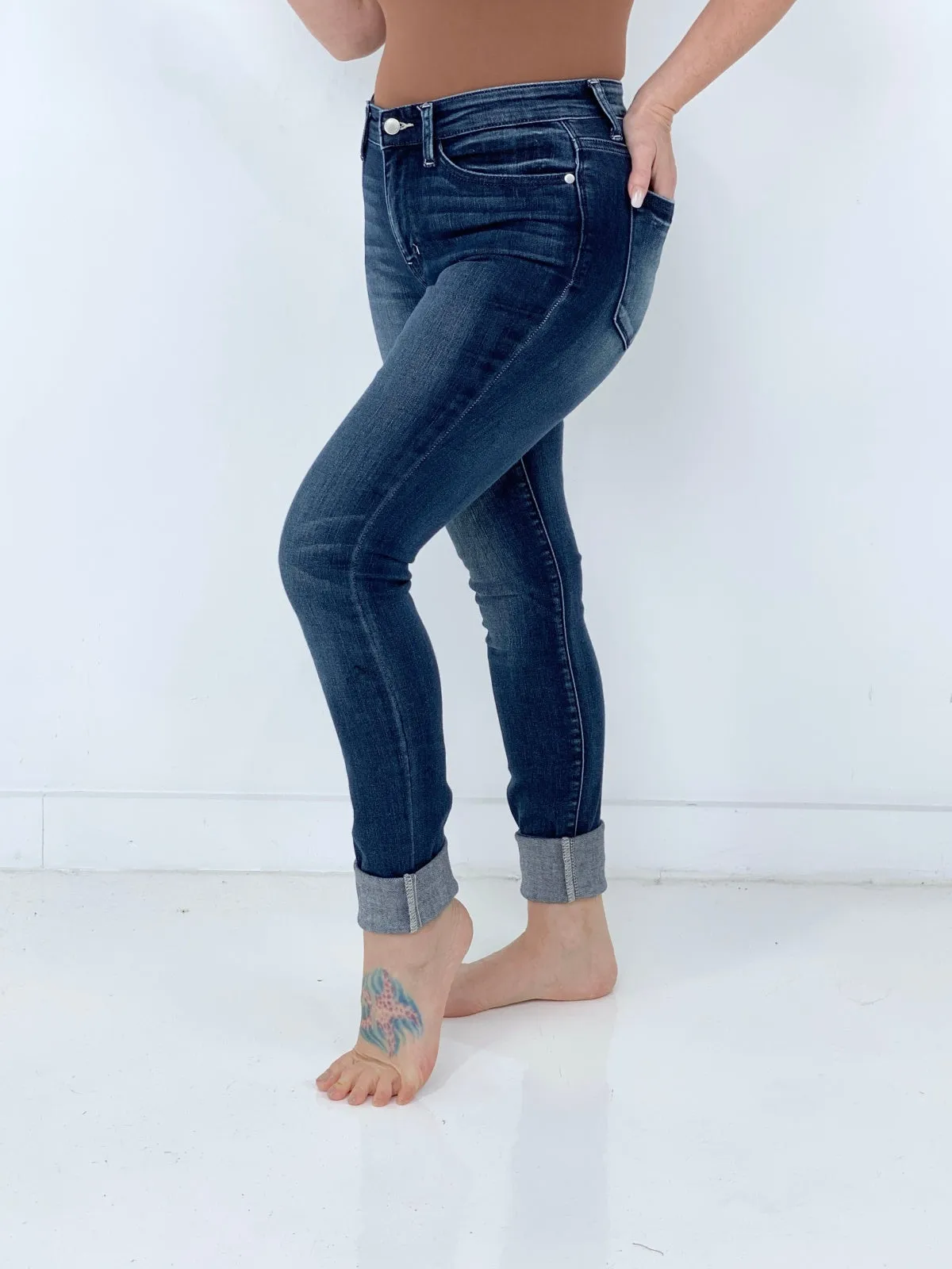 Judy Blue "Olivia" Mid-Rise Long Inseam Pin Tack Skinny Jeans