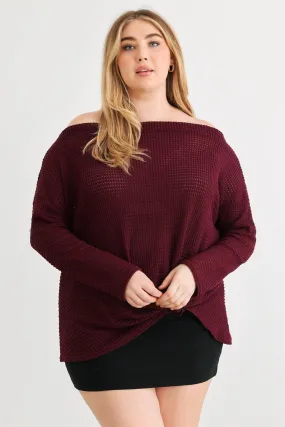 Junior Plus Burgundy Waffle Knit Off-The-Shoulder Twist Hem Top /3-2-1