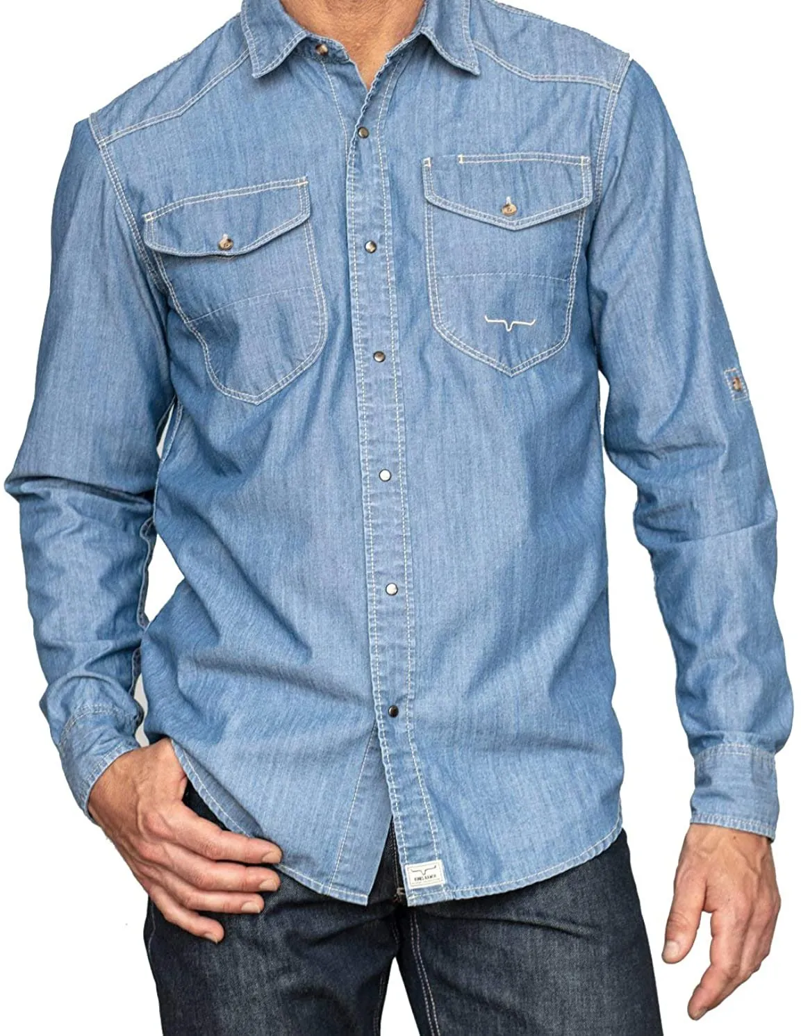 Kimes Ranch Men's Denim Rock Chambray Button Down Shirt, Indigo