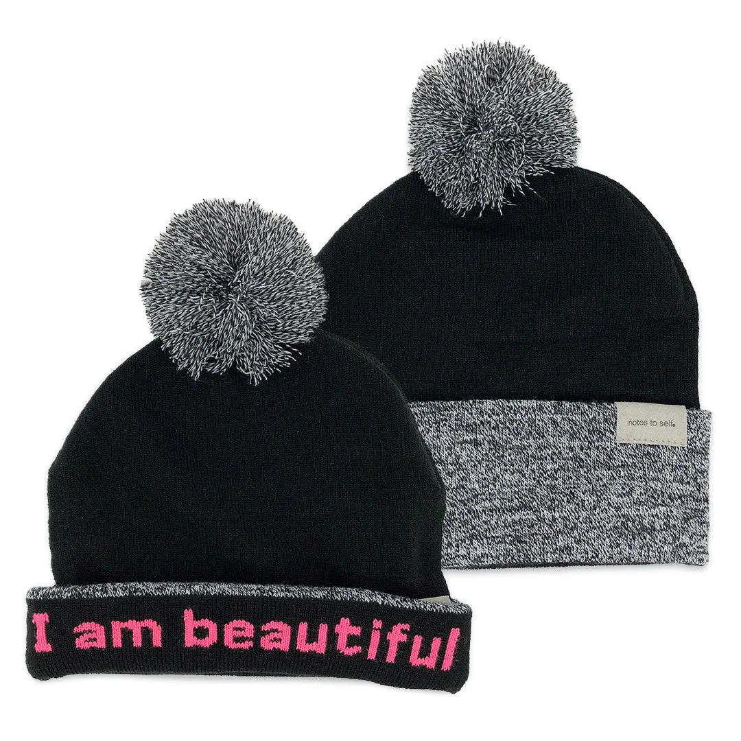 knit beanie with I am beautiful™ on inside cuff