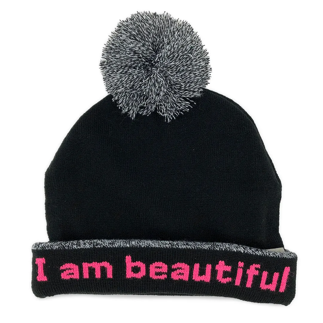 knit beanie with I am beautiful™ on inside cuff