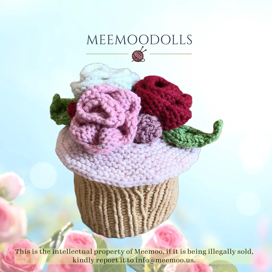 Knit Lady Rose Cupcakes. Knitted toy patterns. Knit topsy turvy doll pattern. Meemoodolls.