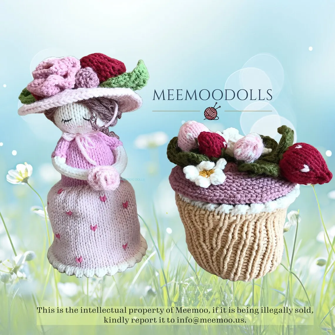 Knit Lady Rose Cupcakes. Knitted toy patterns. Knit topsy turvy doll pattern. Meemoodolls.