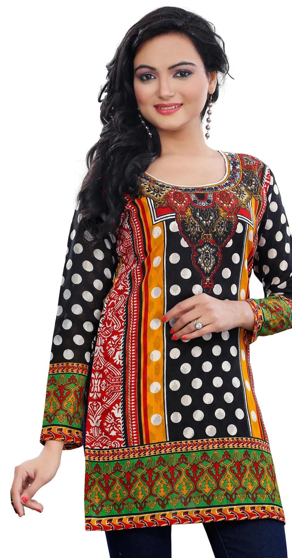 Kurti Top Long Tunic Womens Printed Cotton Blouse India Clothing (Black)