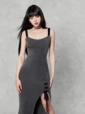 Lace-Up Slit Knit Dress