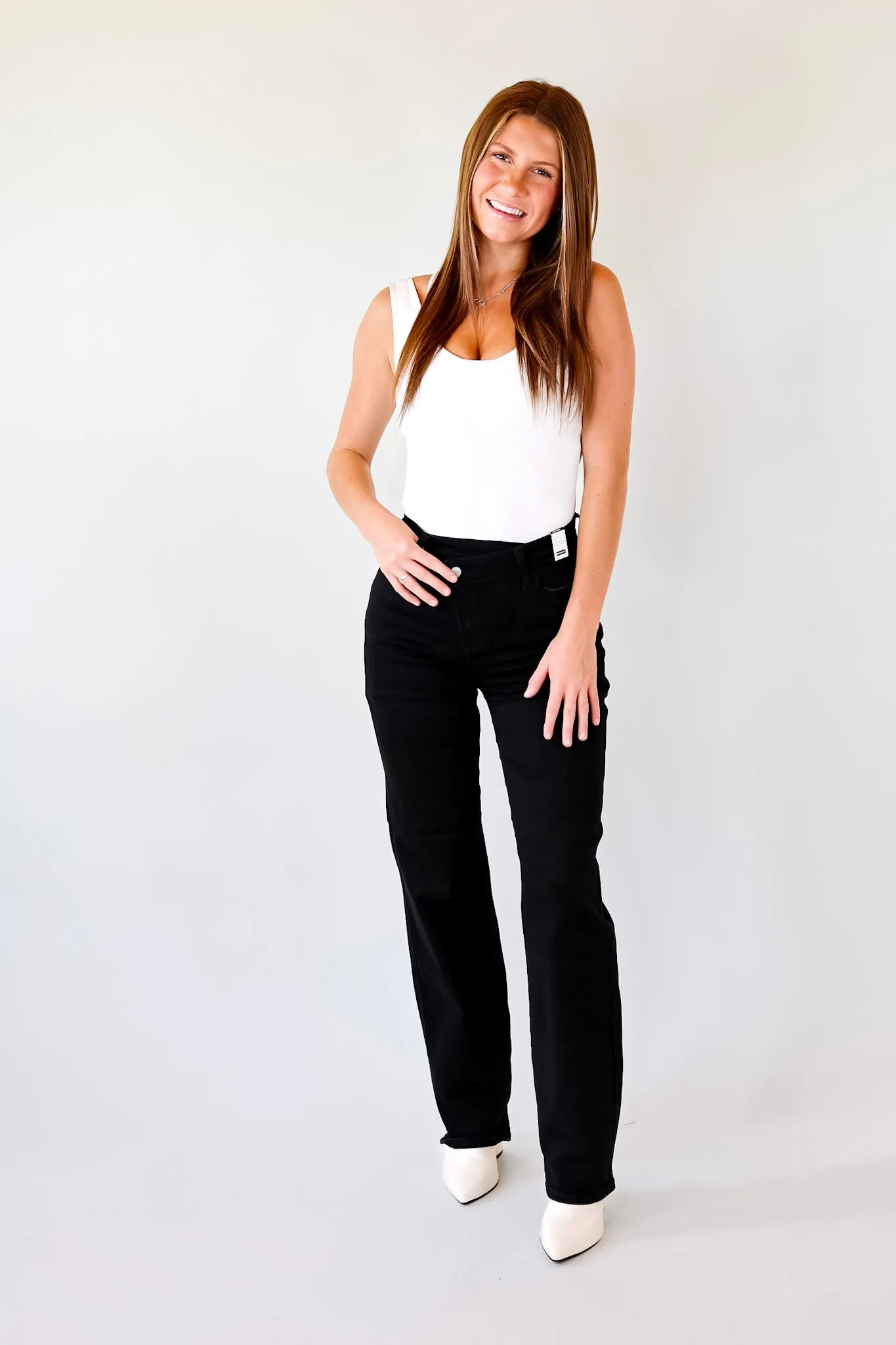 Last Chance Size 0, 1, 3, 5 & 22W | Judy Blue | Here Forward Criss-Cross Waistband Straight Leg Jeans in Black