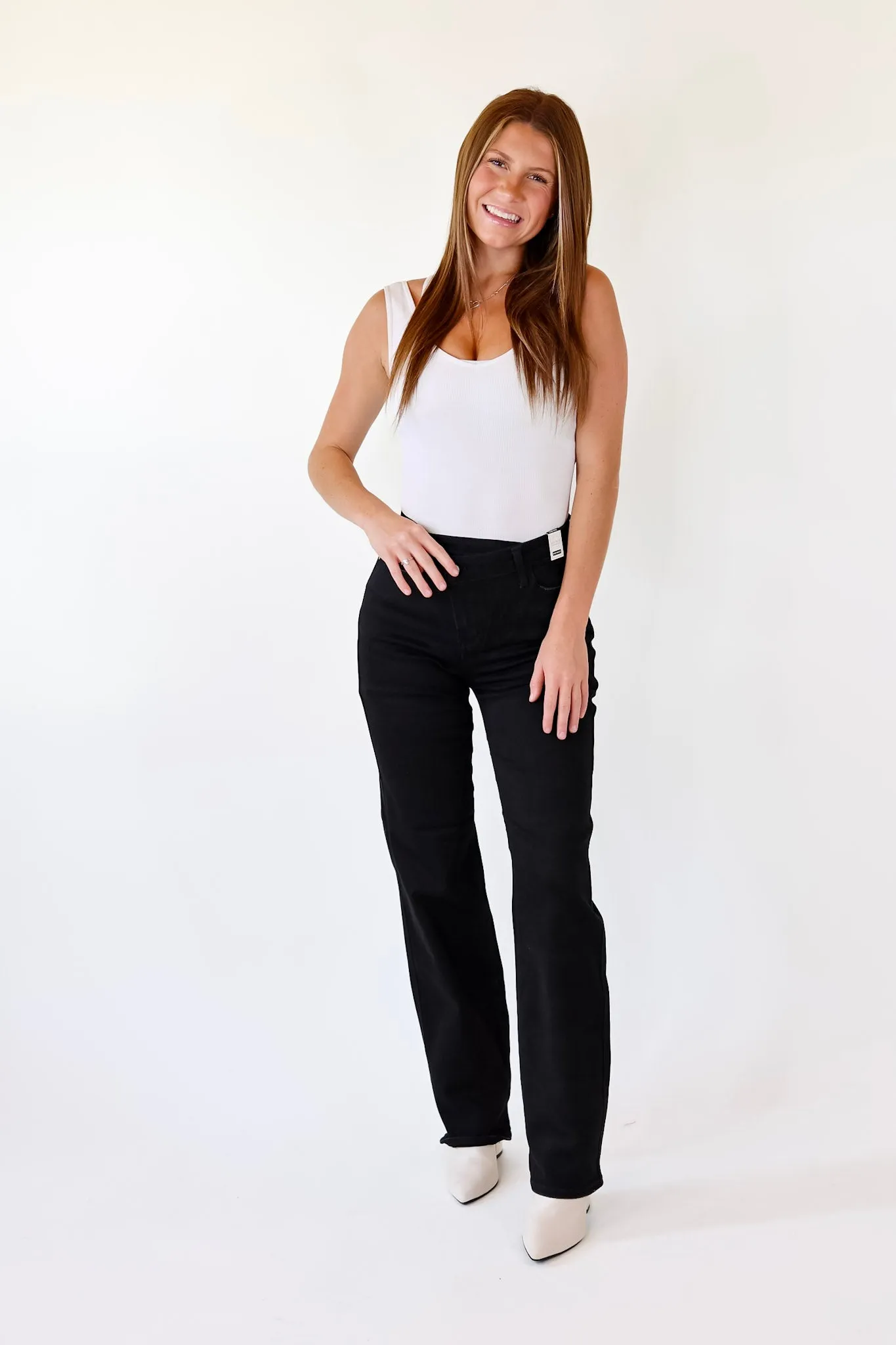 Last Chance Size 0, 1, 3, 5 & 22W | Judy Blue | Here Forward Criss-Cross Waistband Straight Leg Jeans in Black