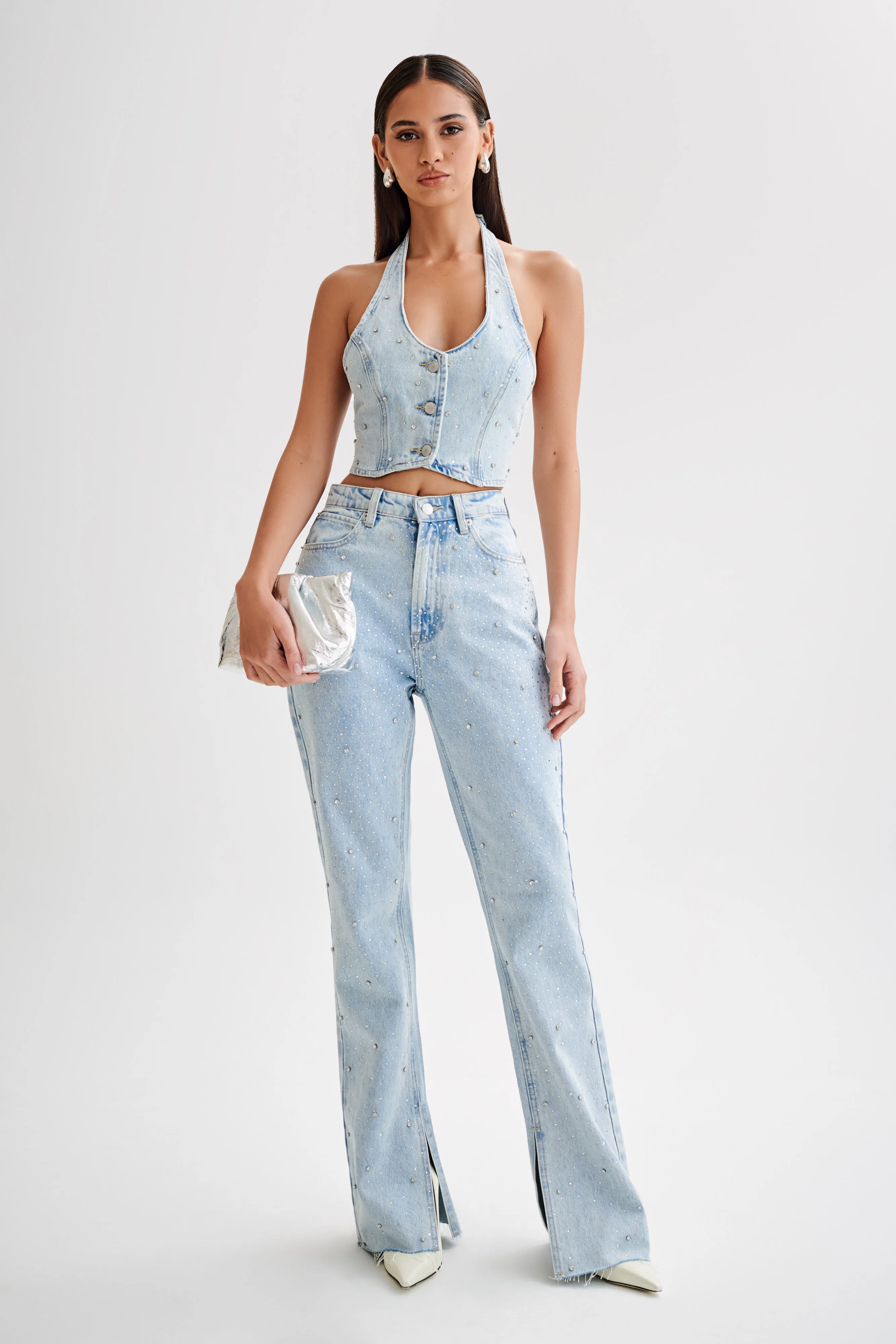 Lauren Embellished Straight Leg Jeans - Light Blue