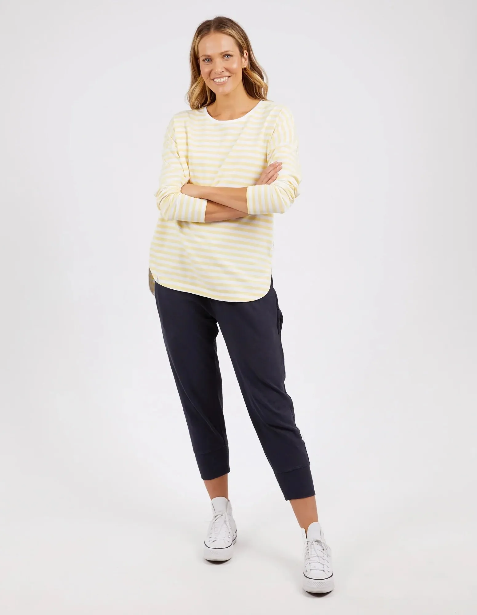 LAUREN L/S STRIPE TEE - Banana/White Stripe