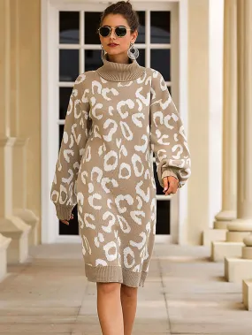 Leopard Print High Neck Drop Shoulder Jumper Dress