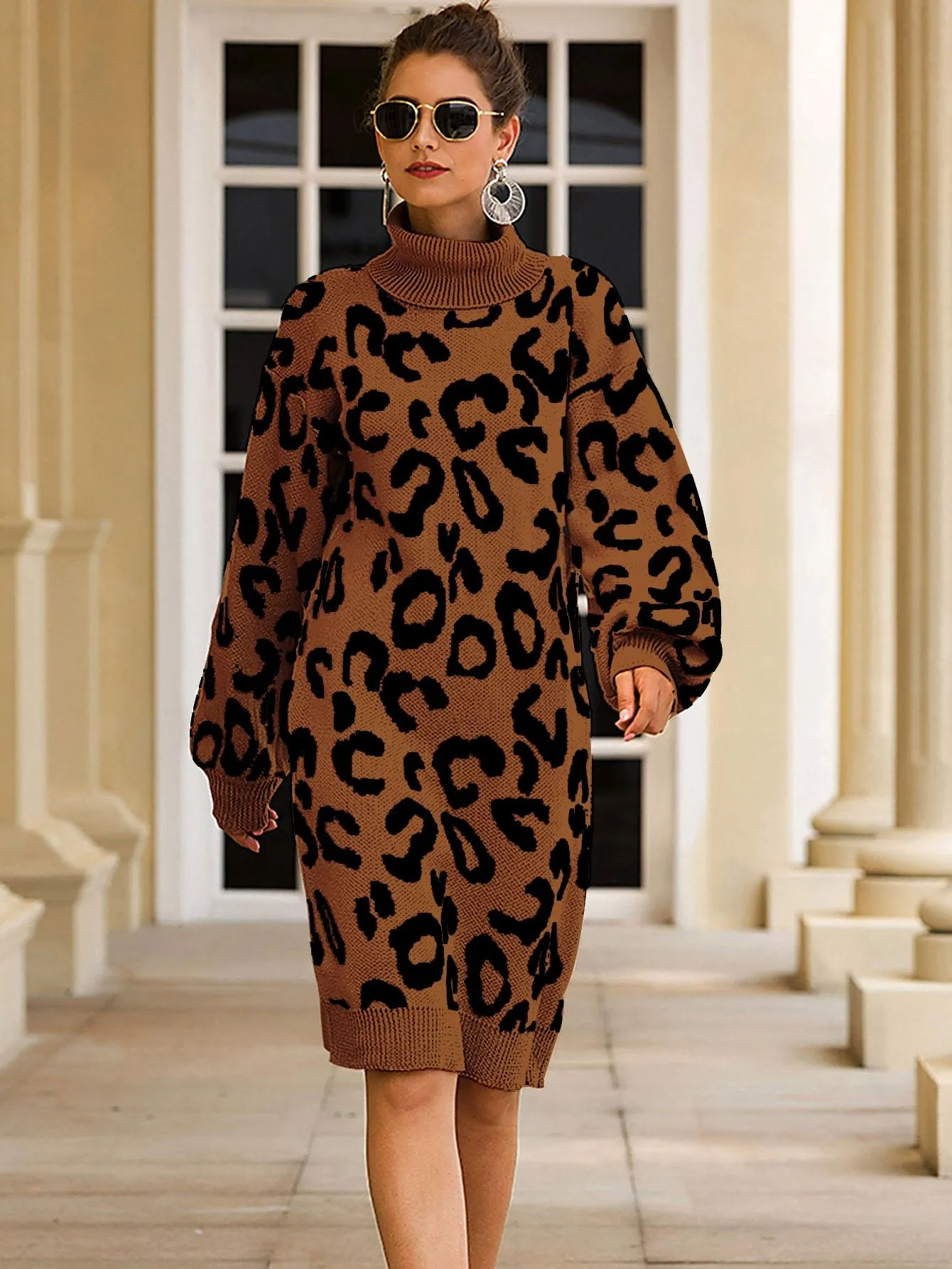 Leopard Print High Neck Drop Shoulder Jumper Dress