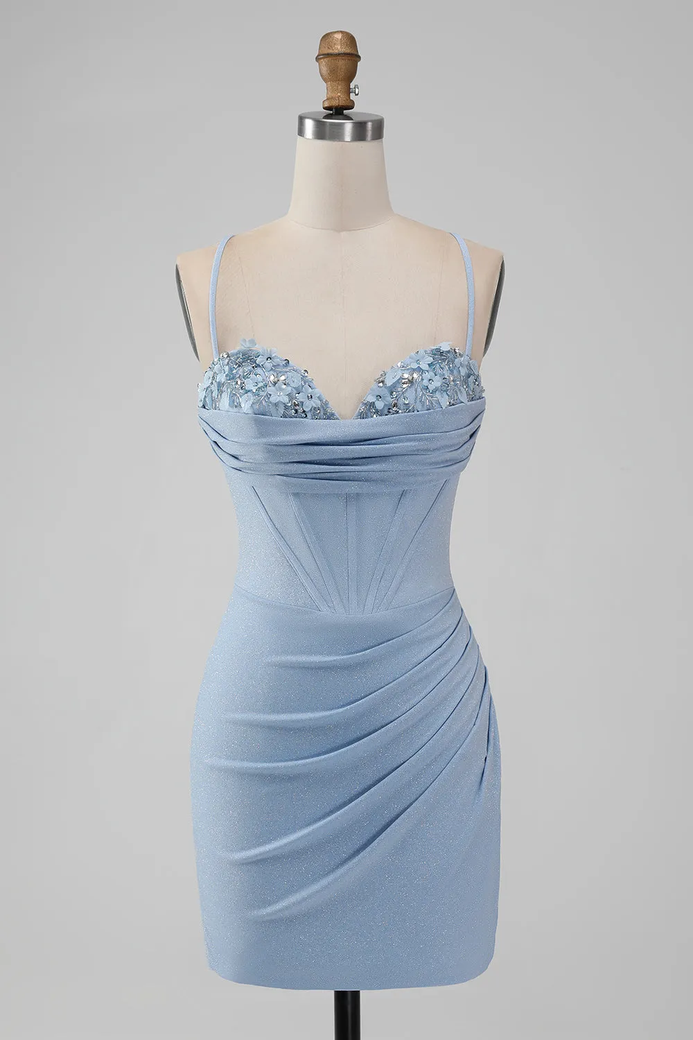 Light Blue Bodycon Spaghetti Straps Corset Short Homecoming Dress