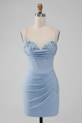 Light Blue Bodycon Spaghetti Straps Corset Short Homecoming Dress