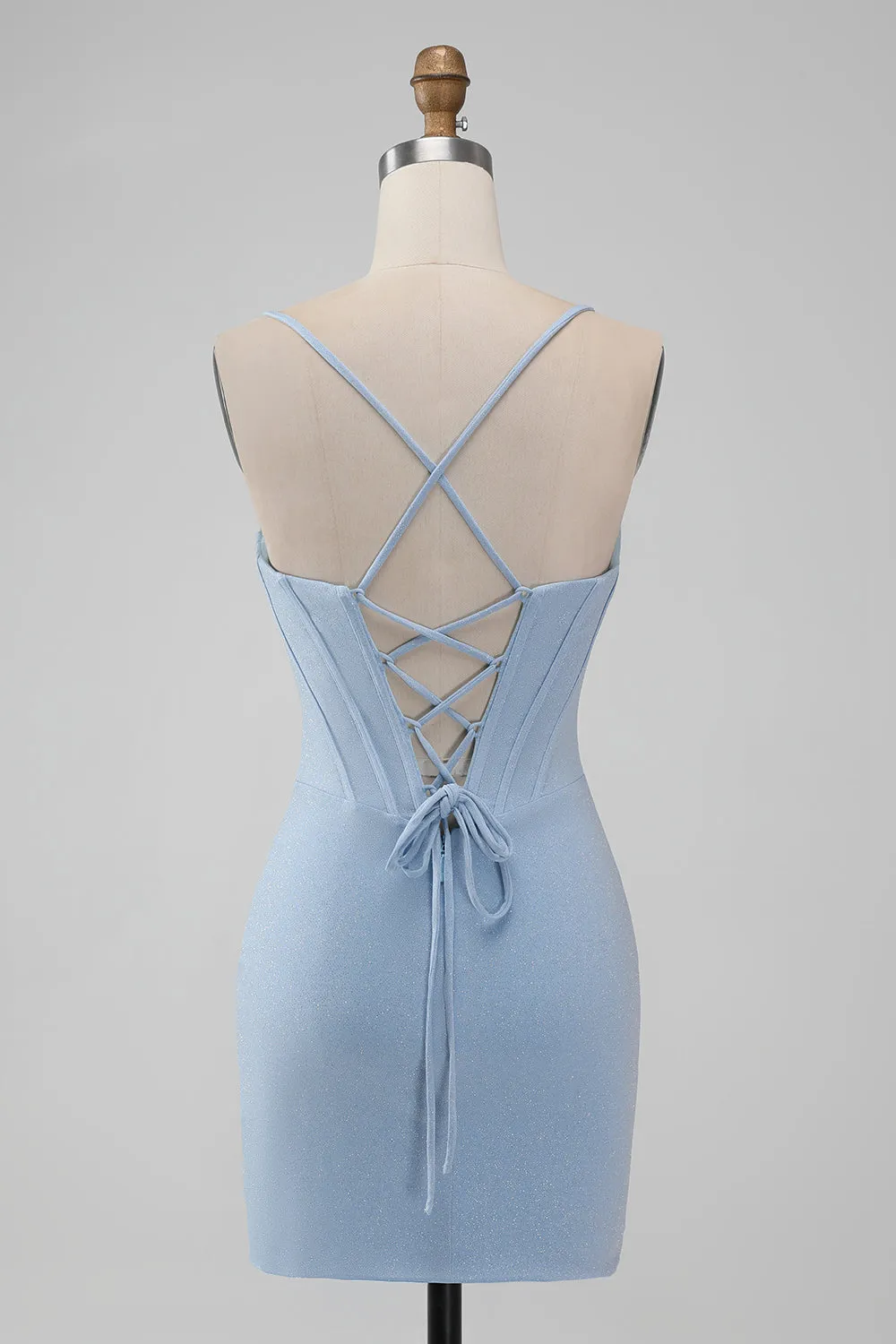 Light Blue Bodycon Spaghetti Straps Corset Short Homecoming Dress