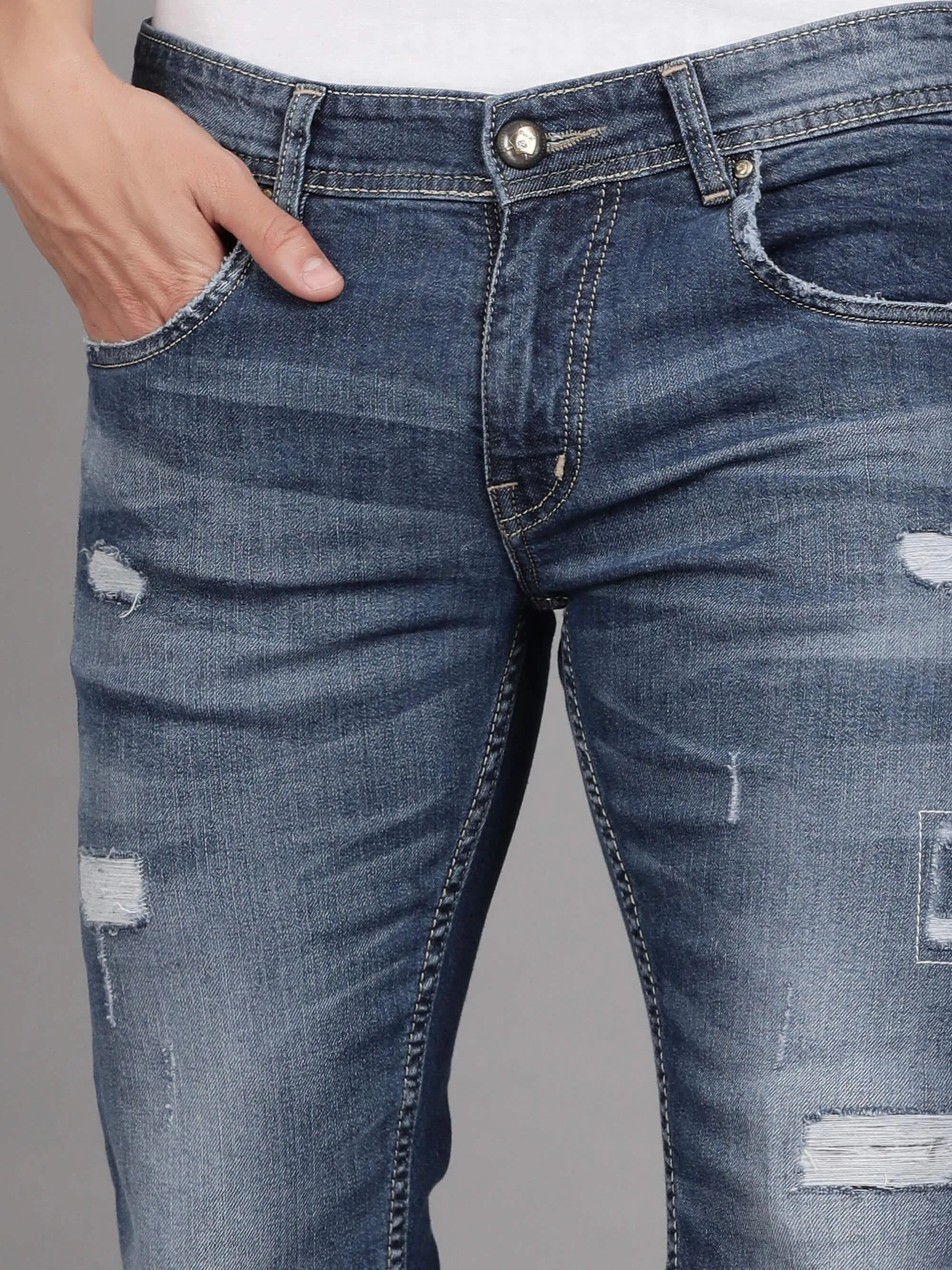 Light Blue Heavy Distressed Denim Jeans for Men (GBDNM5013)