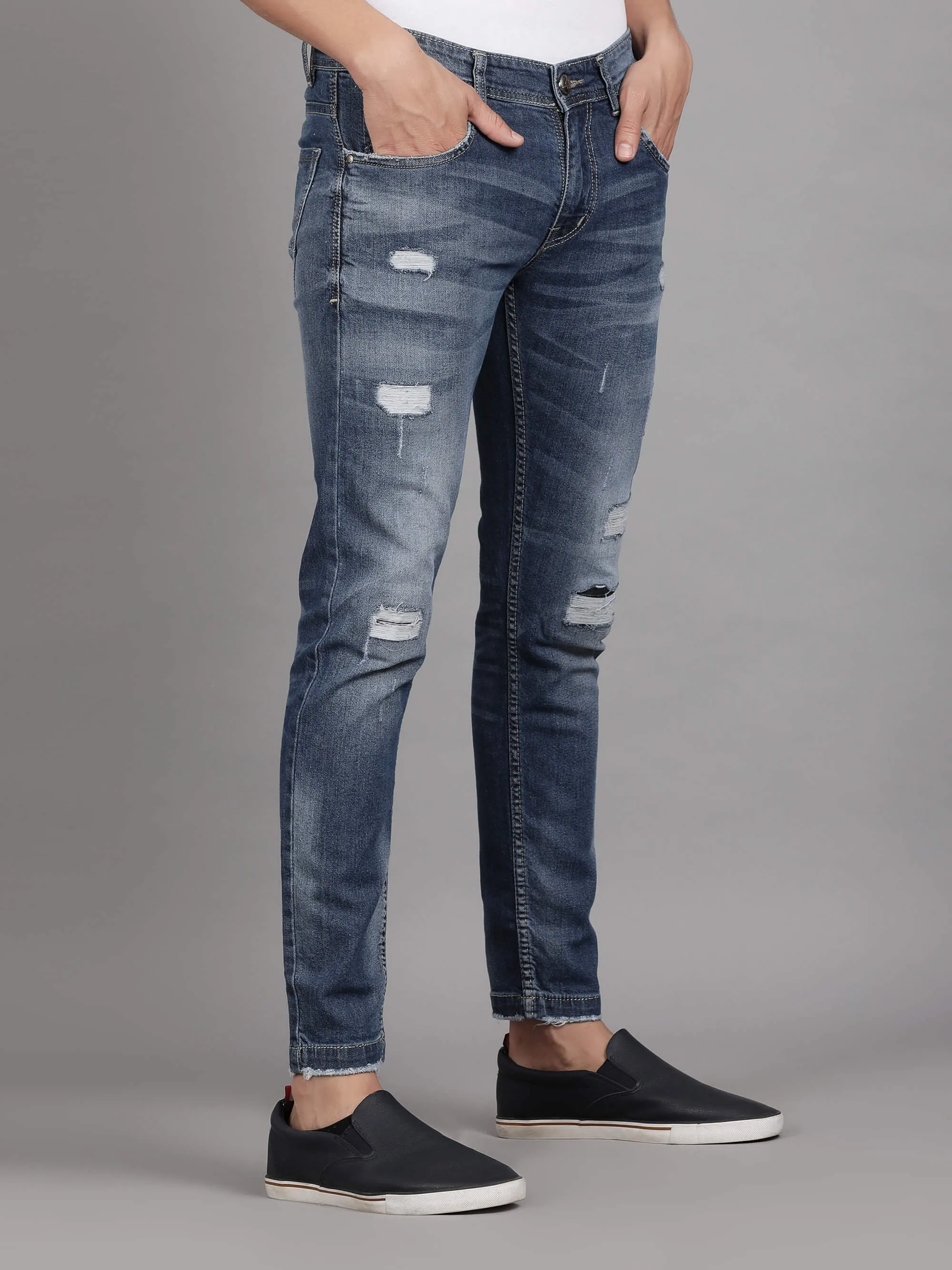 Light Blue Heavy Distressed Denim Jeans for Men (GBDNM5013)