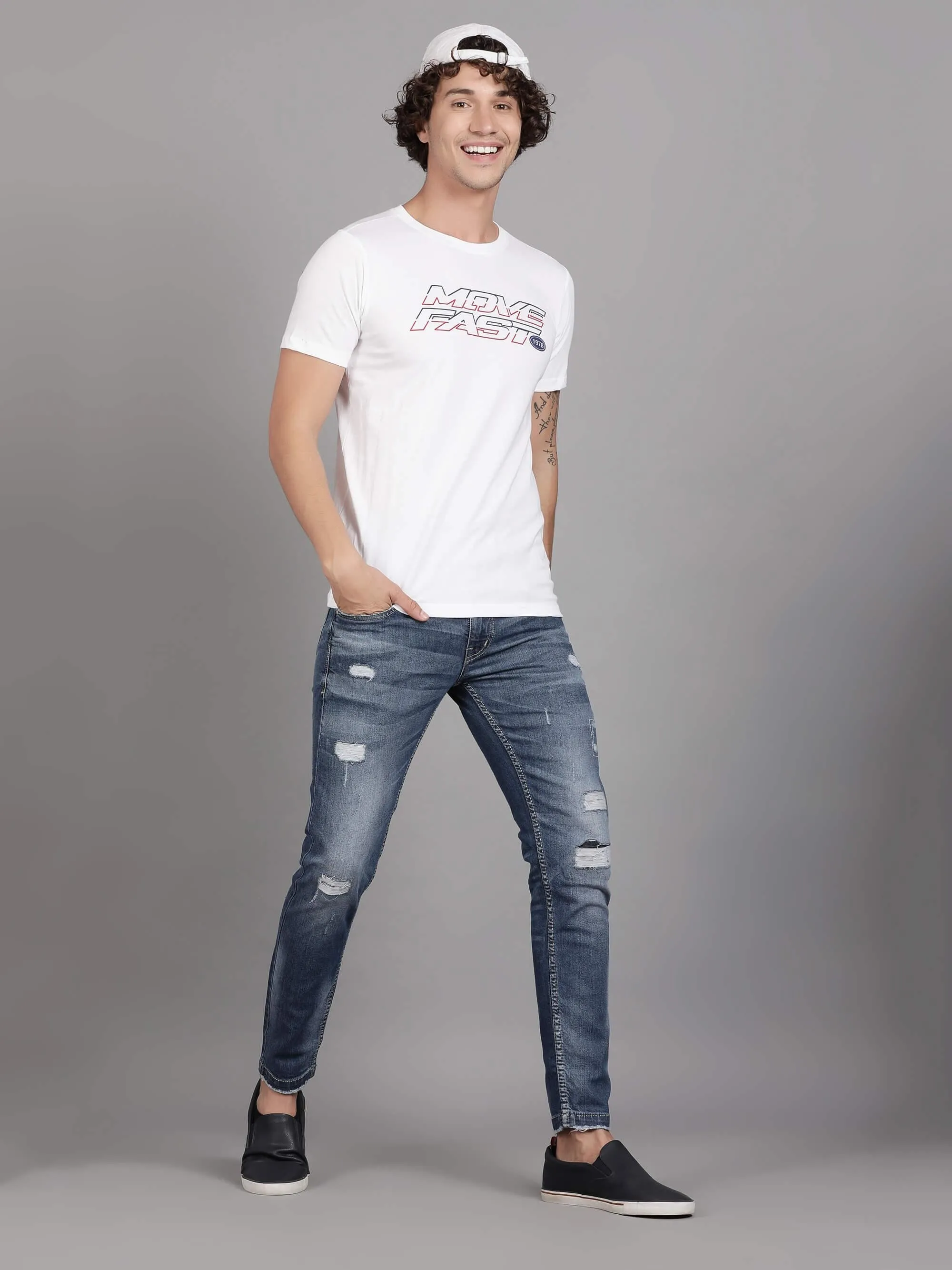 Light Blue Heavy Distressed Denim Jeans for Men (GBDNM5013)