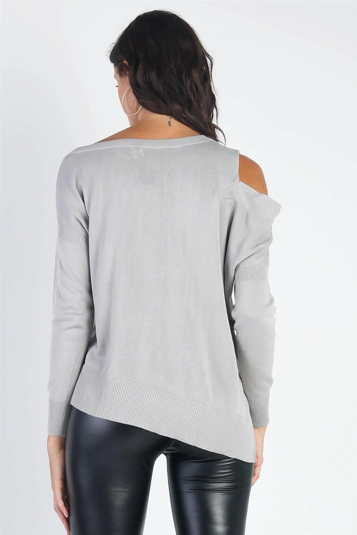 Light Grey Knit Cold Shoulder Long Sleeve Top /3-1-1