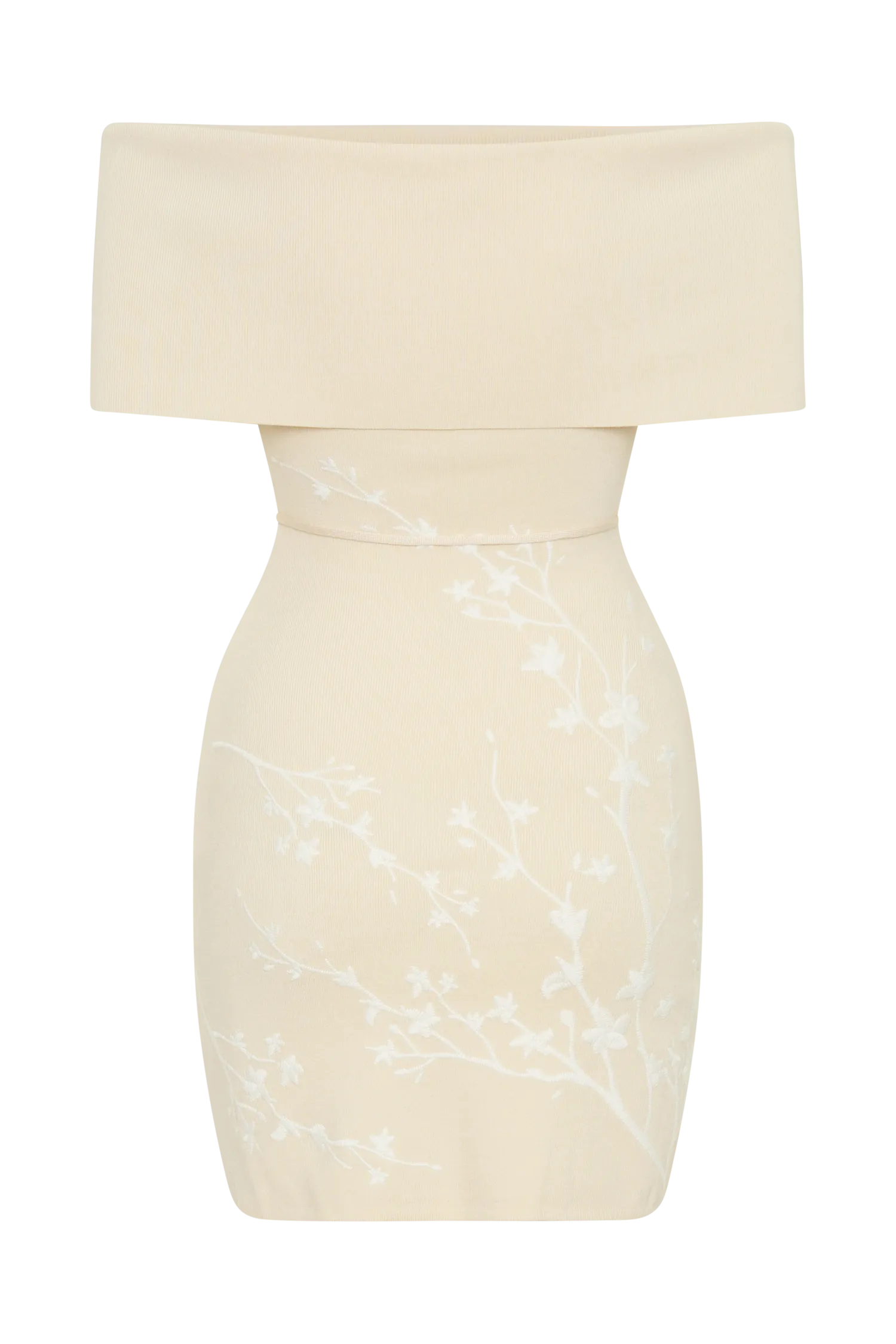 Mallory Off Shoulder Embroidered Knit Mini Dress - Cream And Ivory