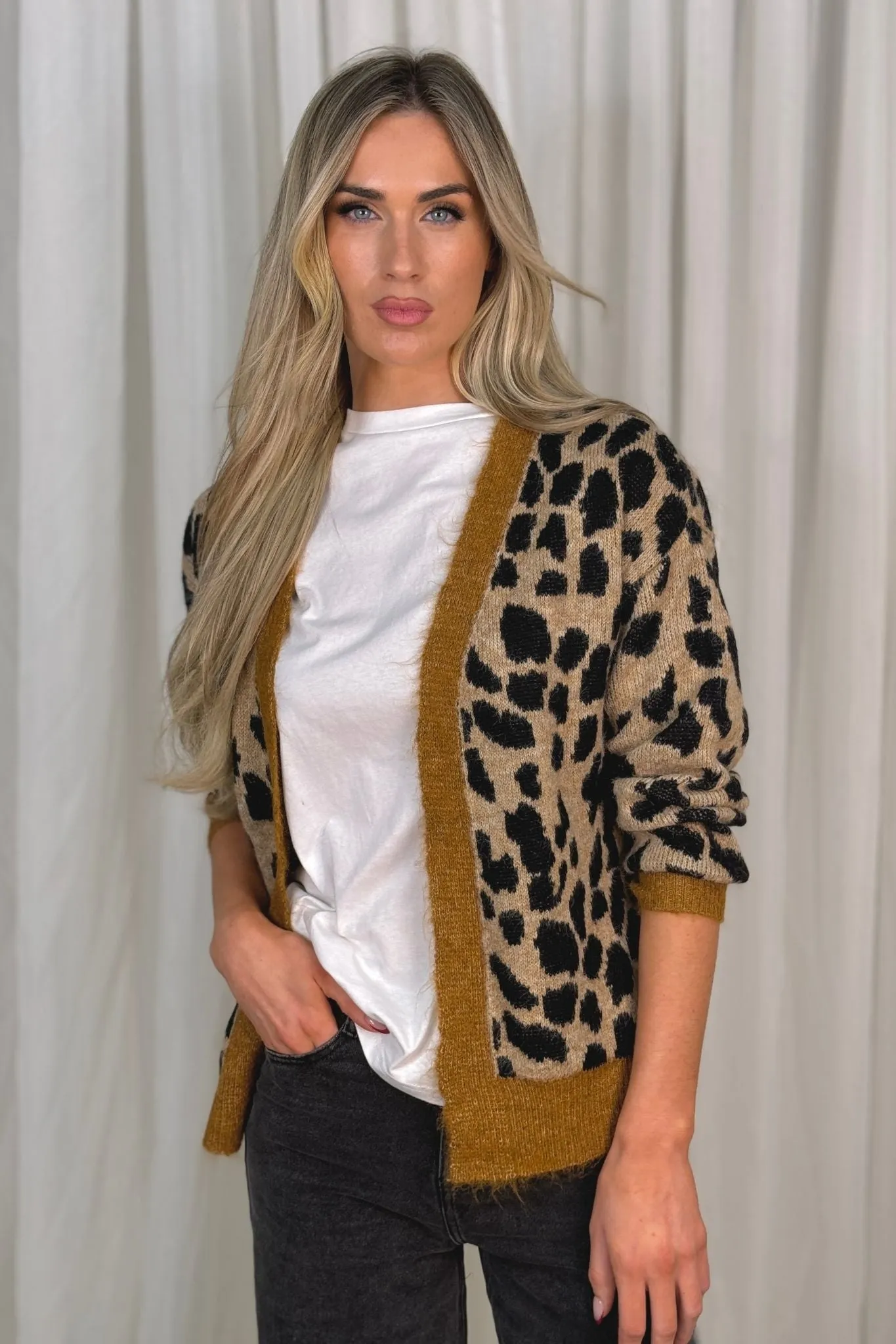 Melanie Camel Trim Cardigan In Leopard Print