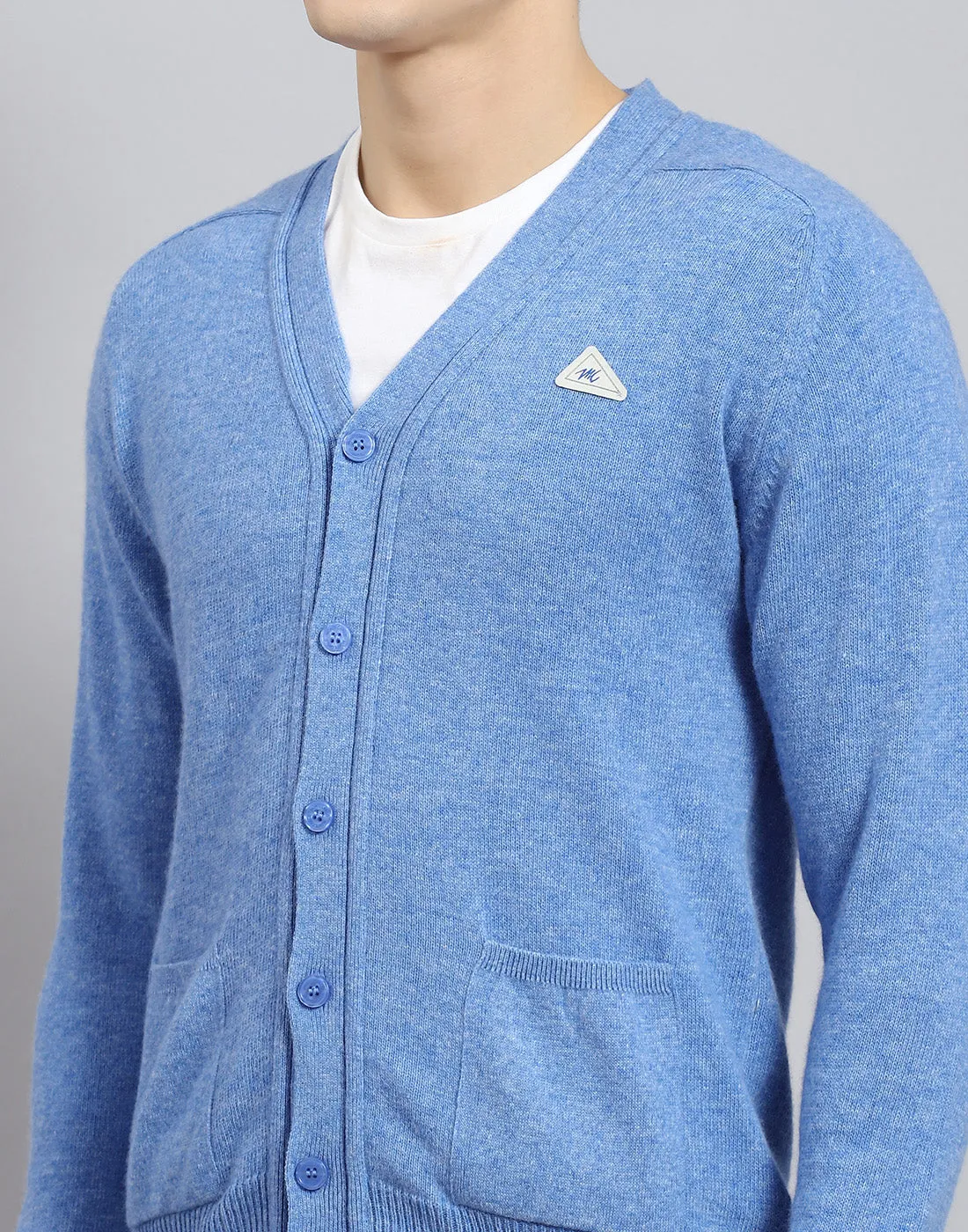 Men Blue Solid V Neck Full Sleeve Cardigan