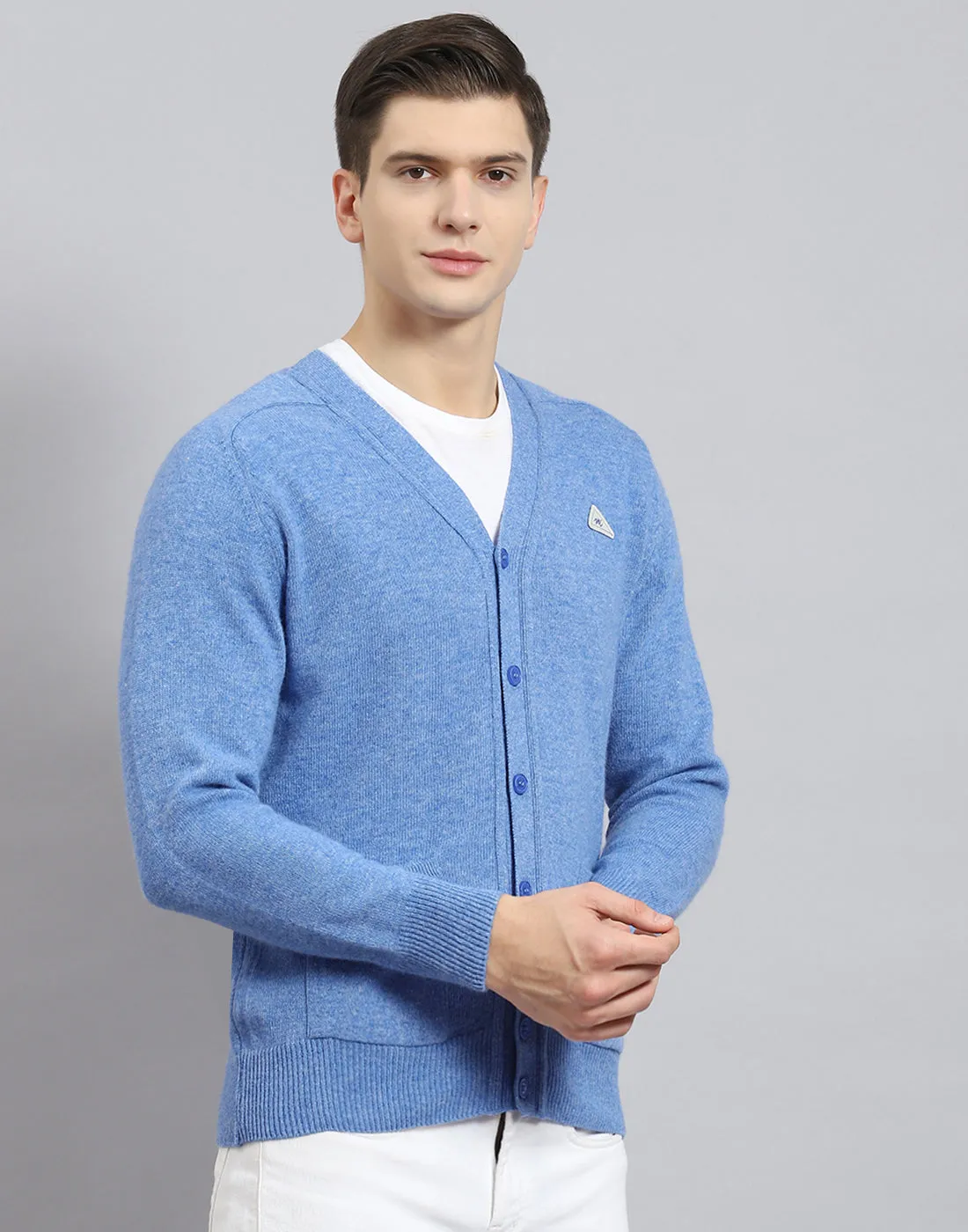 Men Blue Solid V Neck Full Sleeve Cardigan