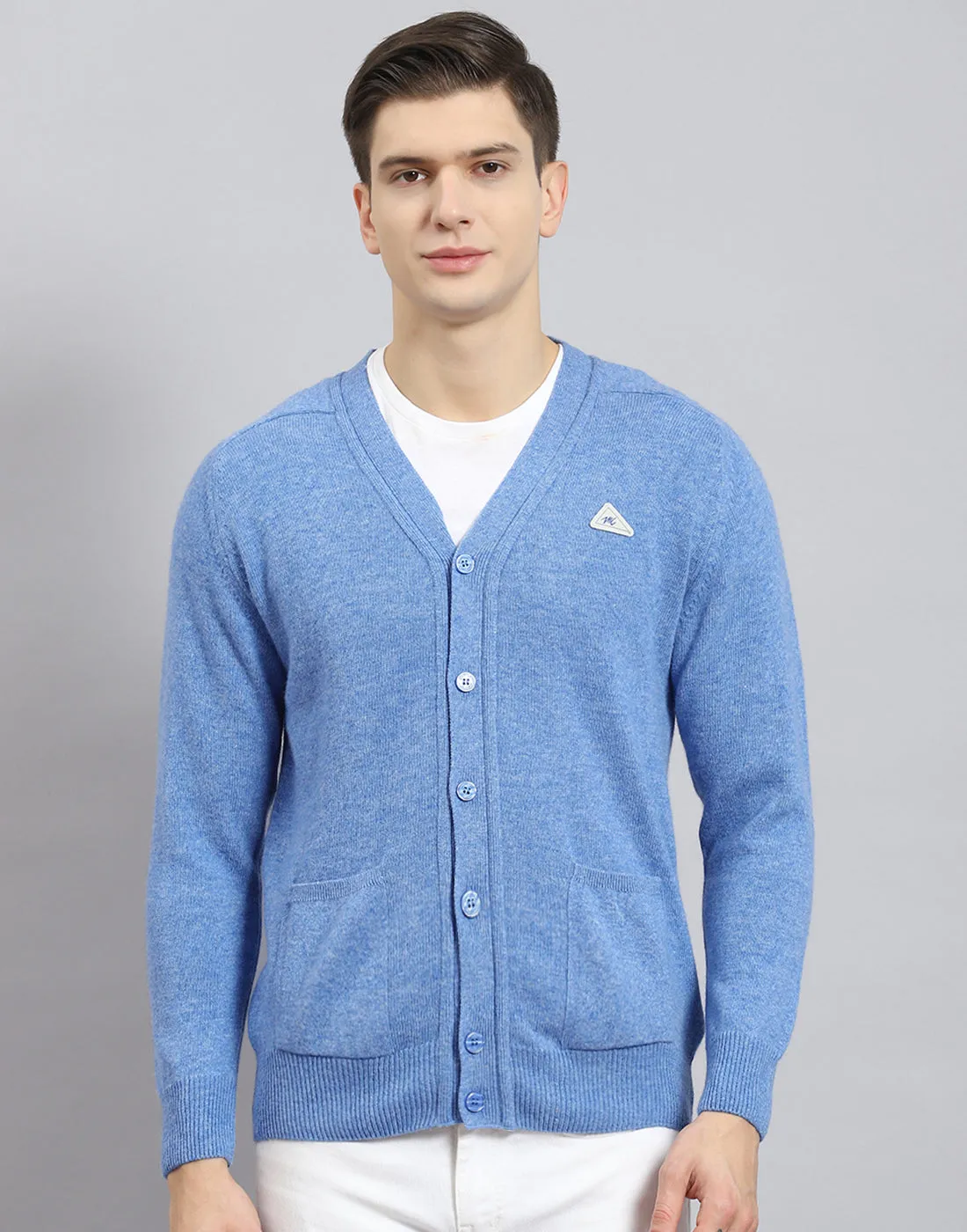 Men Blue Solid V Neck Full Sleeve Cardigan