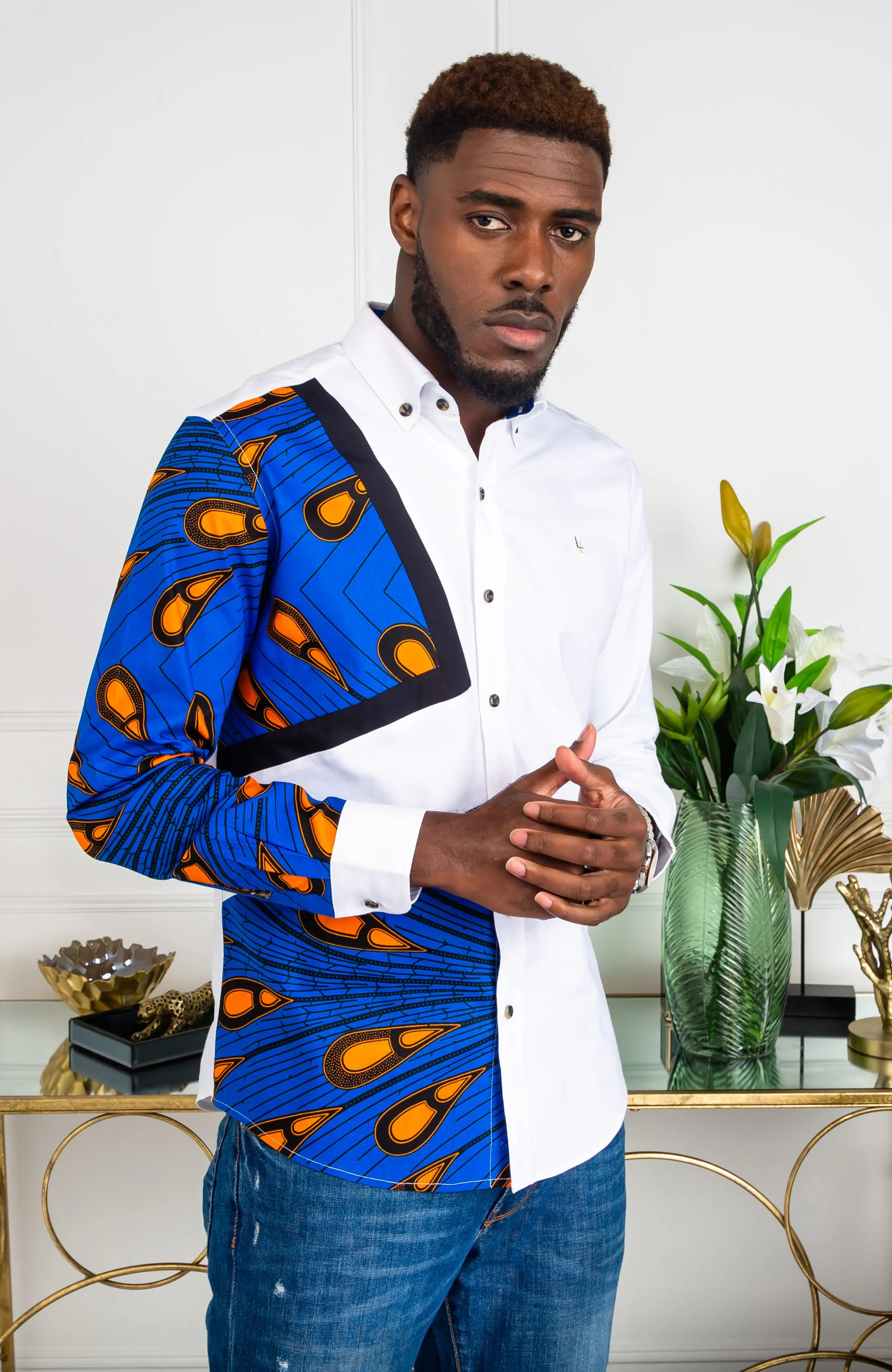 Mens Ankara Shirt | Mens African Shirt - Skinny Fit White Button Down Asymmetrical Shirt - ELIJAH