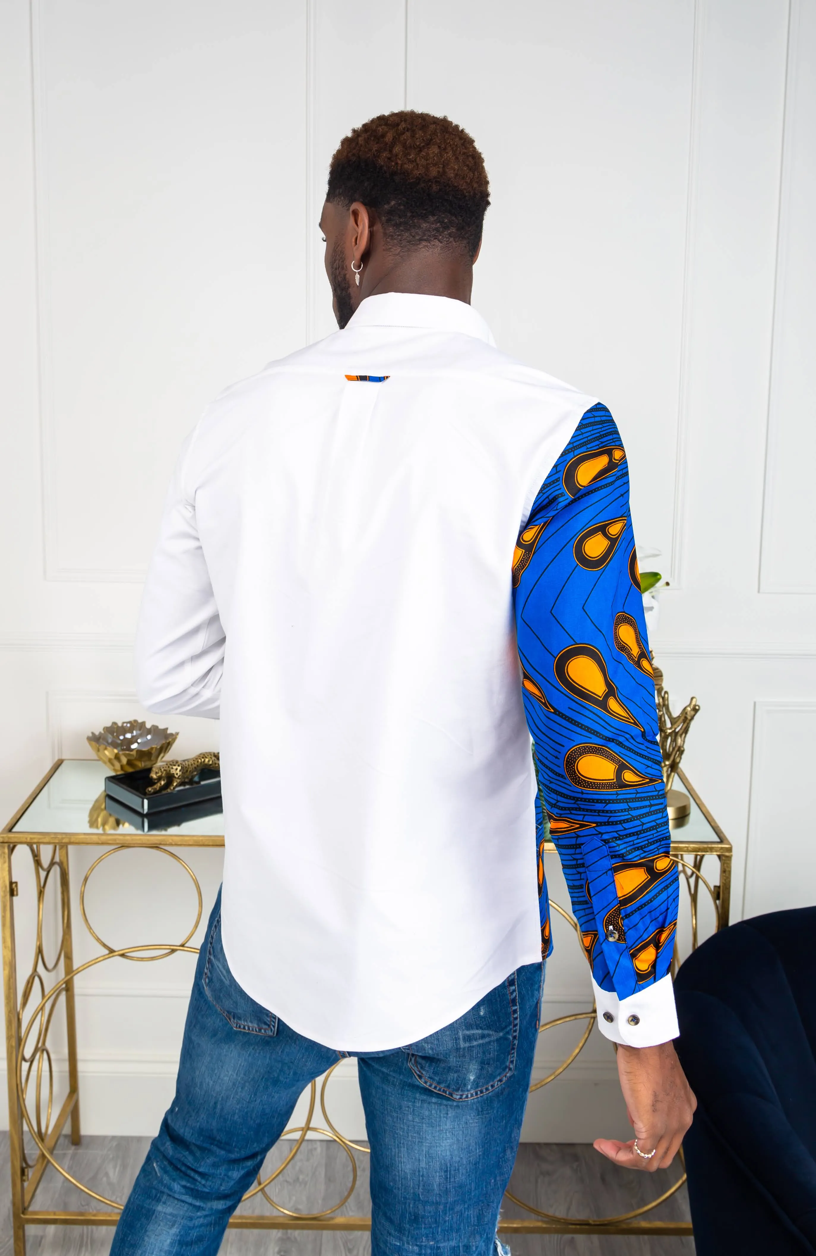 Mens Ankara Shirt | Mens African Shirt - Skinny Fit White Button Down Asymmetrical Shirt - ELIJAH