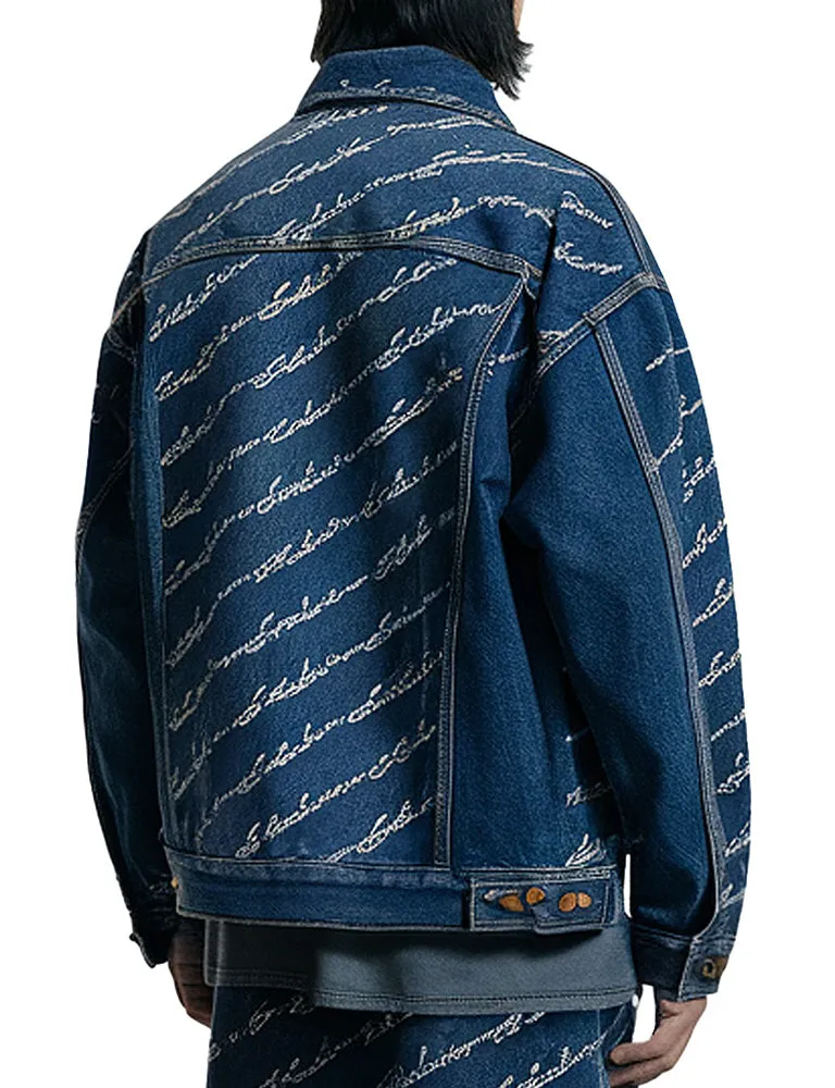 Men's Blue Denim Jacket With White Script Embroidery