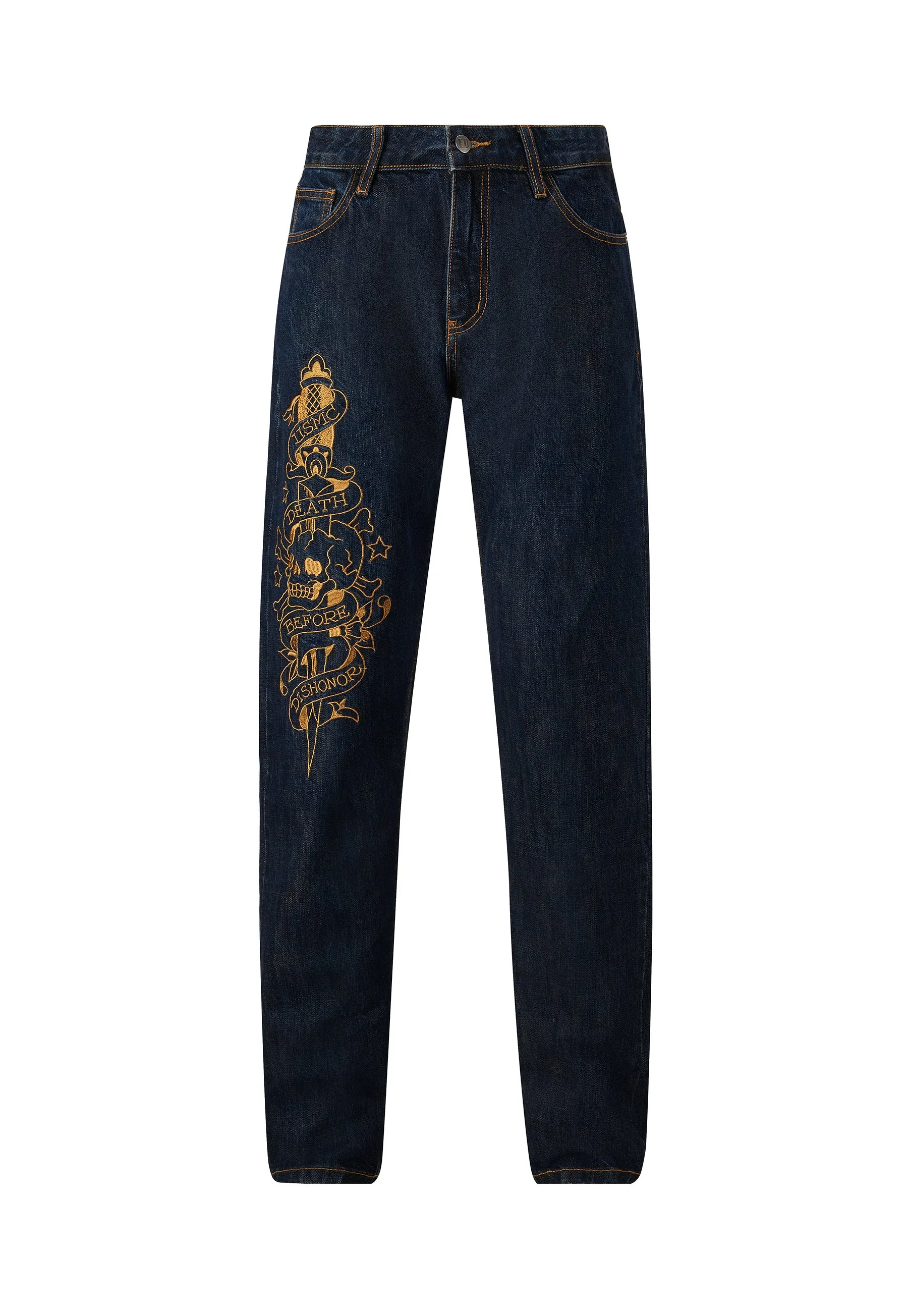 Mens Mono-Skull Tattoo Denim Trousers Jeans - Indigo