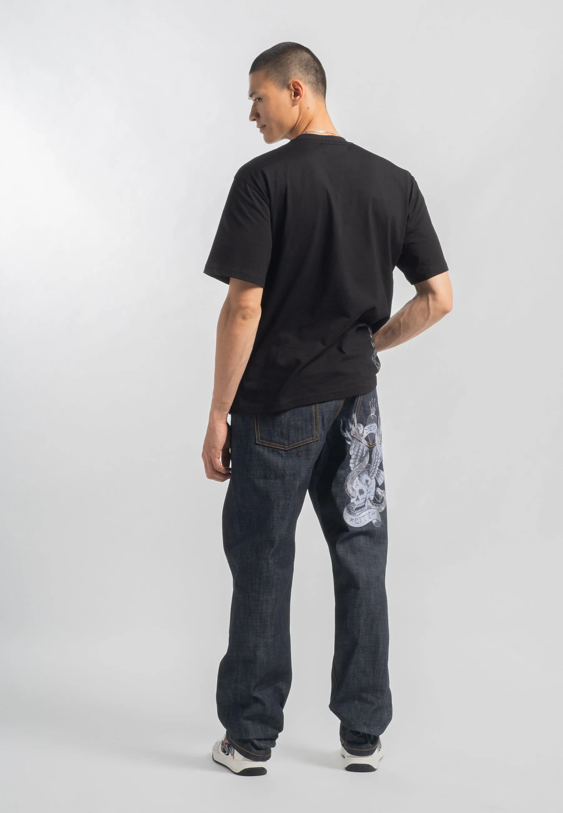 Mens Nyc-Skull-Tatt Embroidered Denim Trousers Jeans - Indigo