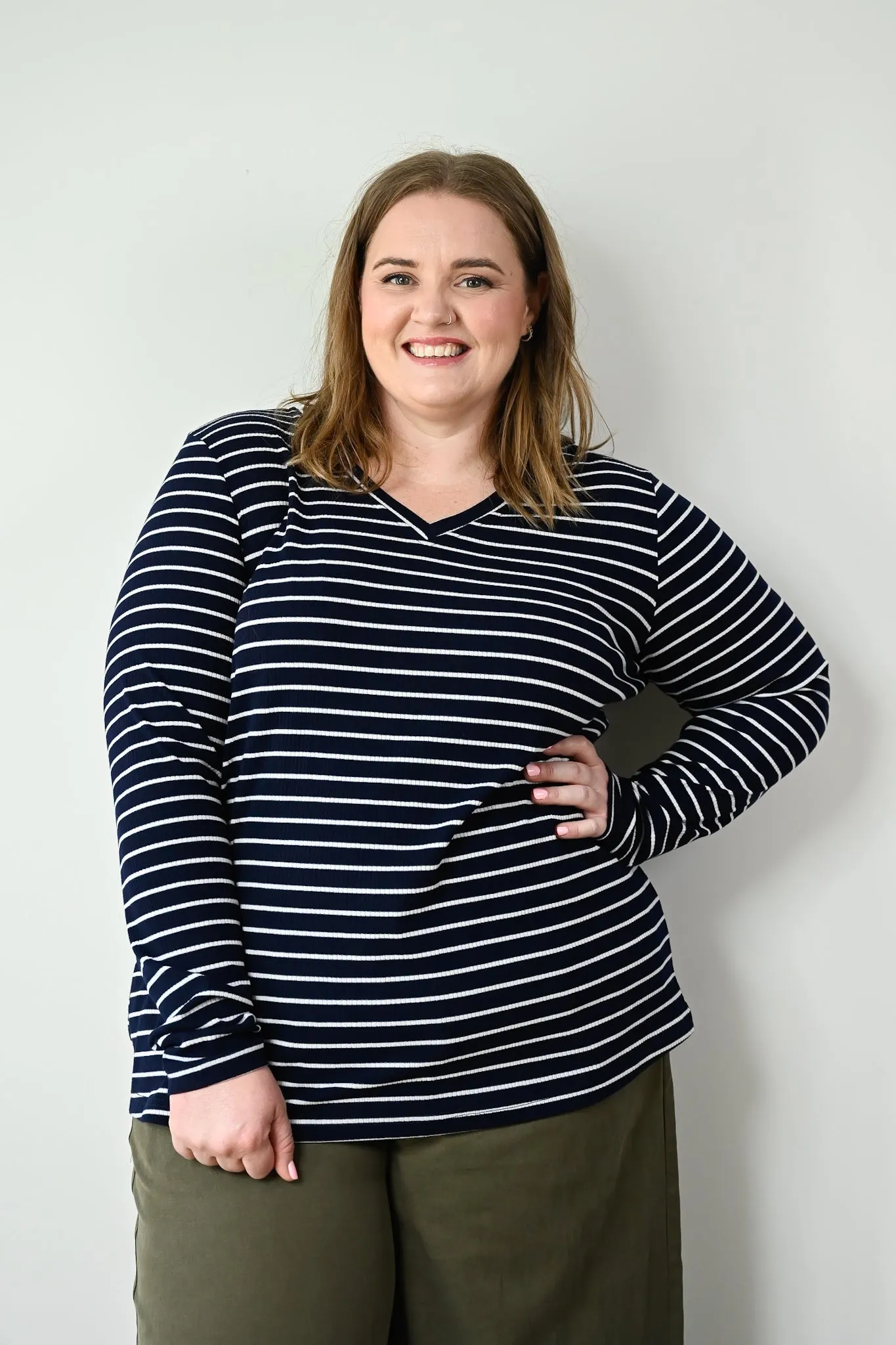 Mia Top - Navy Ribbed Stripe