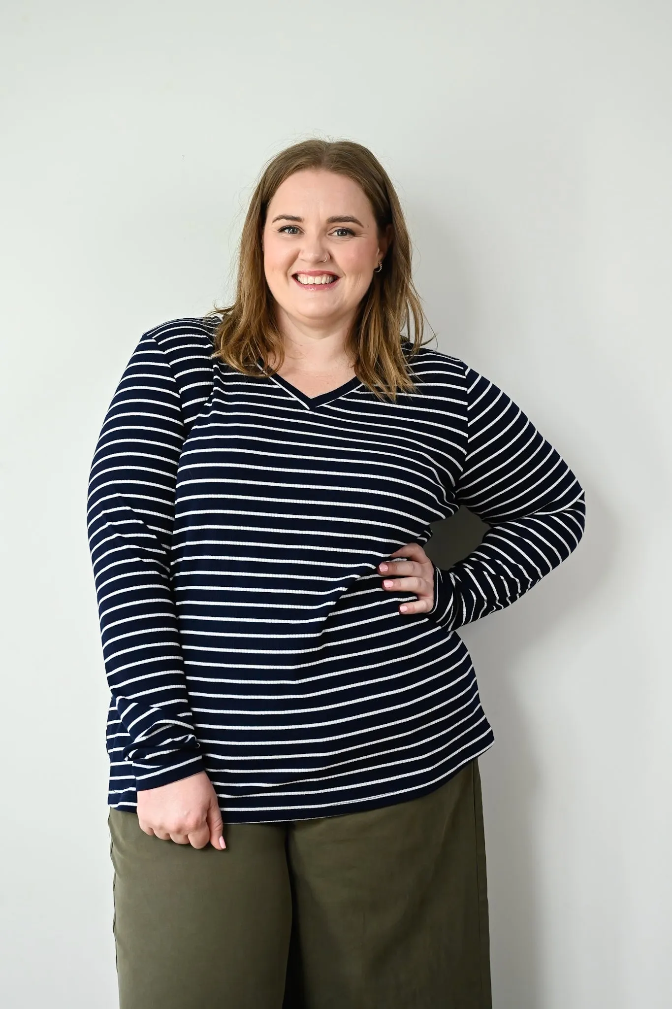 Mia Top - Navy Ribbed Stripe