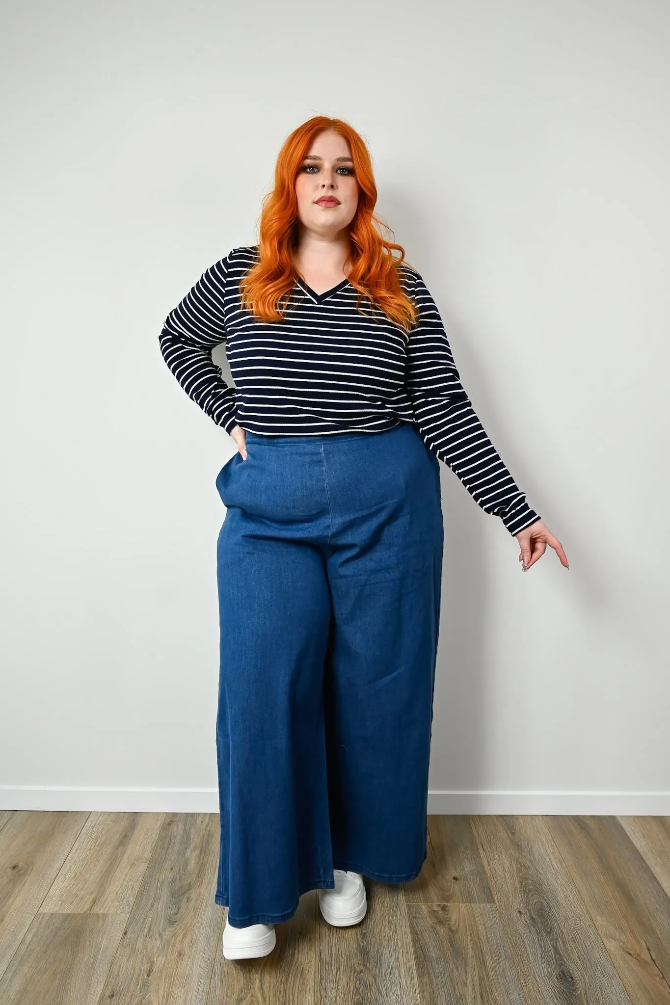 Mia Top - Navy Ribbed Stripe