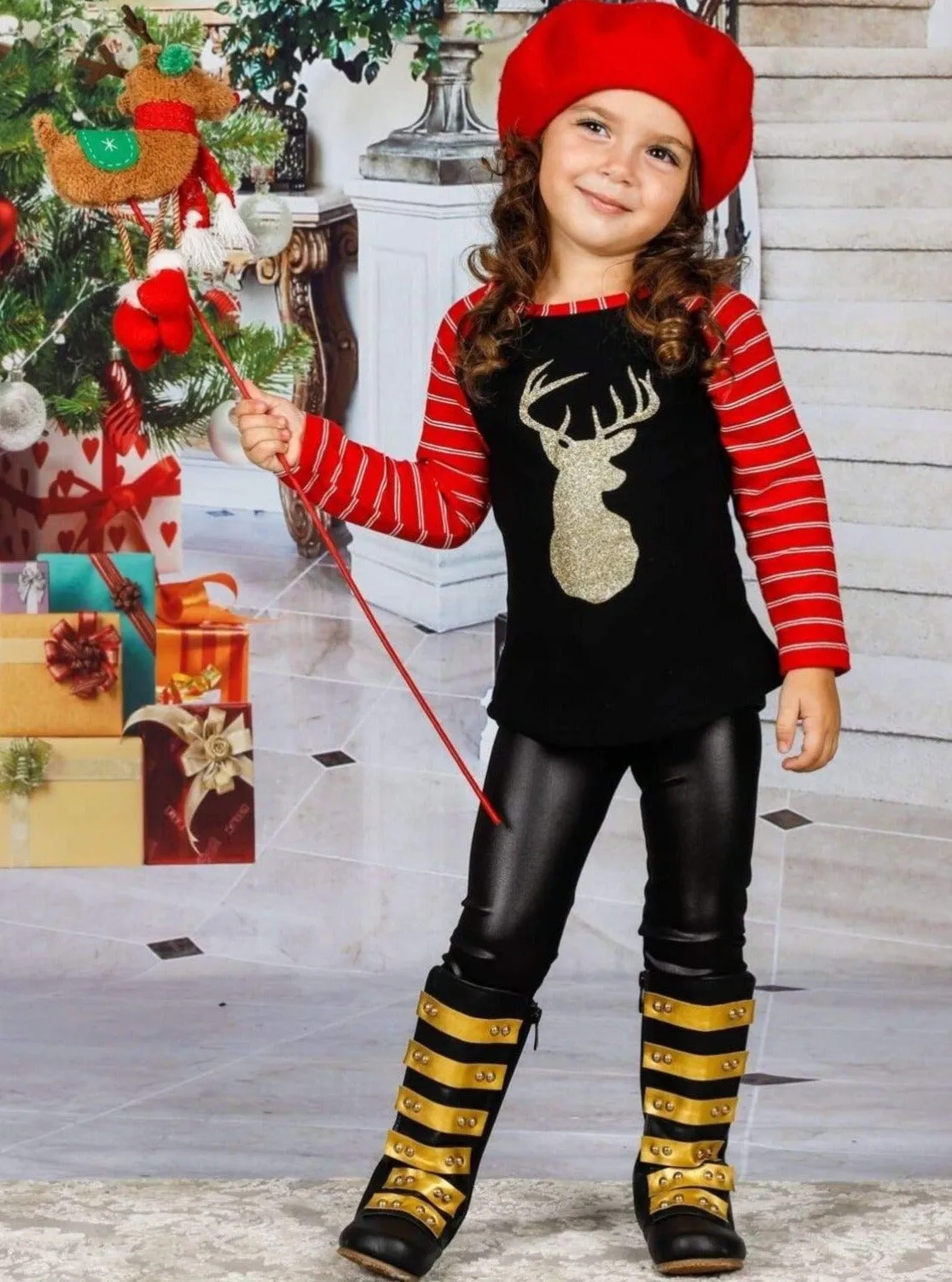 Mommy and Me Glittering Gold Reindeer Raglan Top