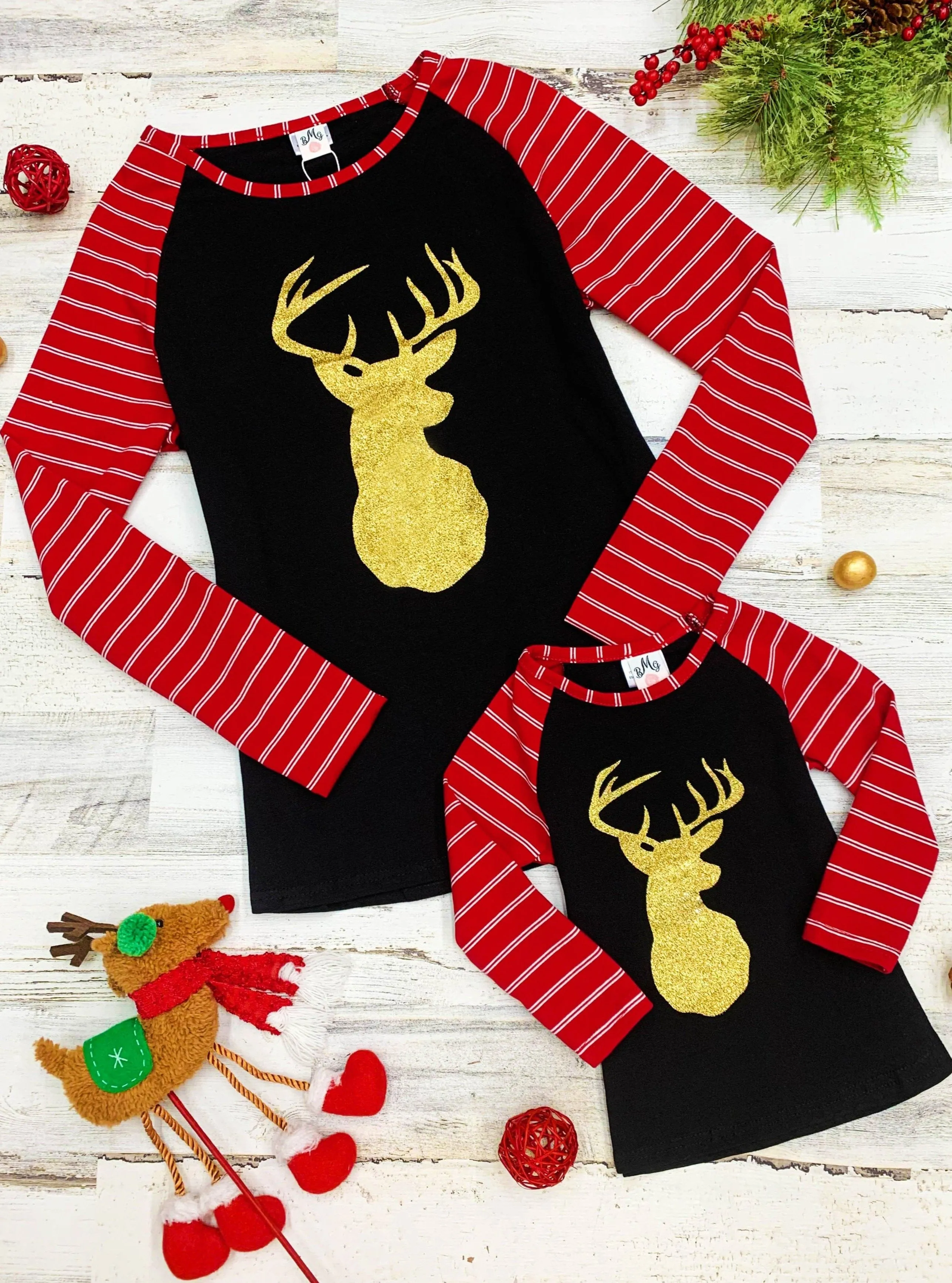 Mommy and Me Glittering Gold Reindeer Raglan Top