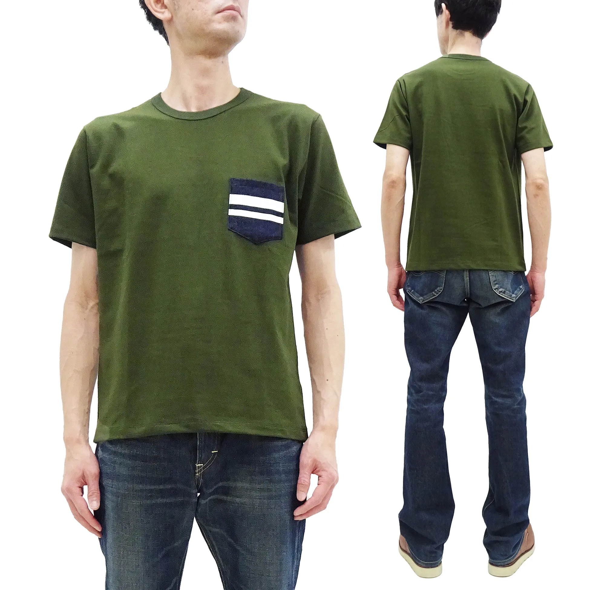 Momotaro Jeans Pocket T-shirt Men's Short Sleeve Tee Shirt with GTB Striped Denim Pocket MZTS0003 OD Oleve-Green