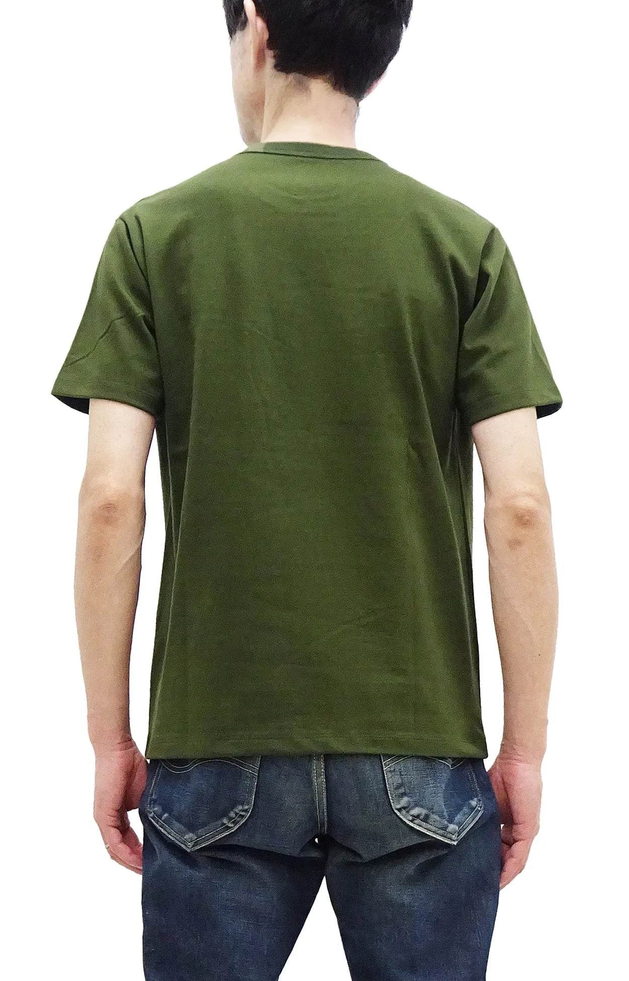 Momotaro Jeans Pocket T-shirt Men's Short Sleeve Tee Shirt with GTB Striped Denim Pocket MZTS0003 OD Oleve-Green