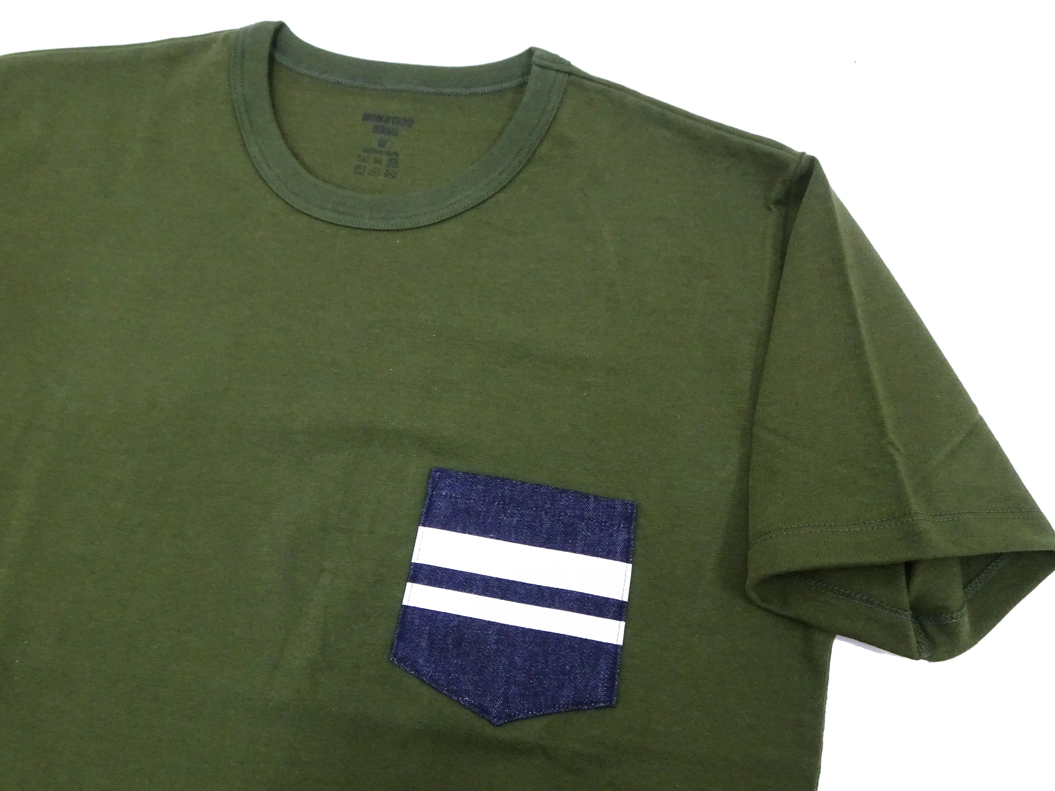 Momotaro Jeans Pocket T-shirt Men's Short Sleeve Tee Shirt with GTB Striped Denim Pocket MZTS0003 OD Oleve-Green