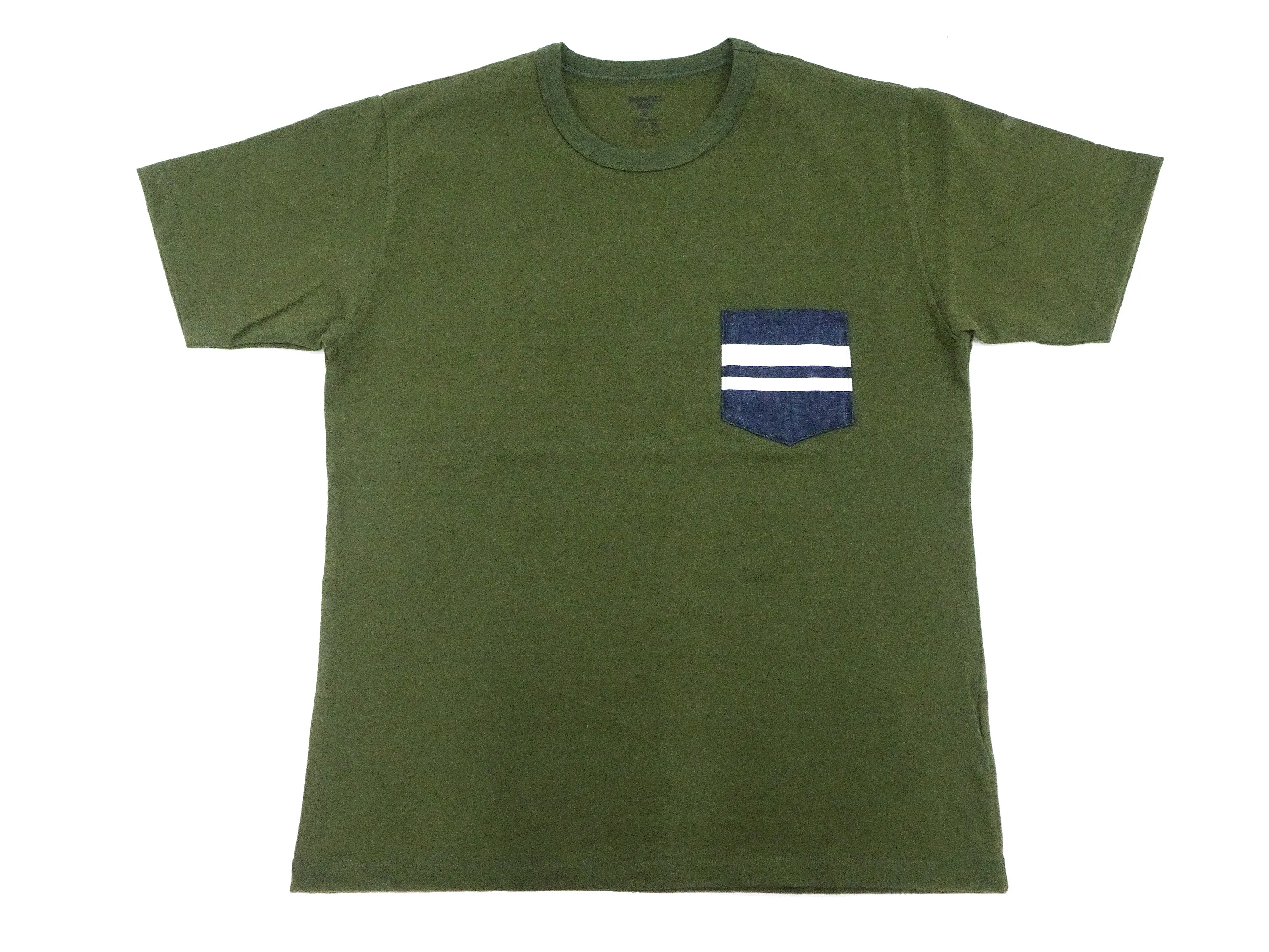 Momotaro Jeans Pocket T-shirt Men's Short Sleeve Tee Shirt with GTB Striped Denim Pocket MZTS0003 OD Oleve-Green