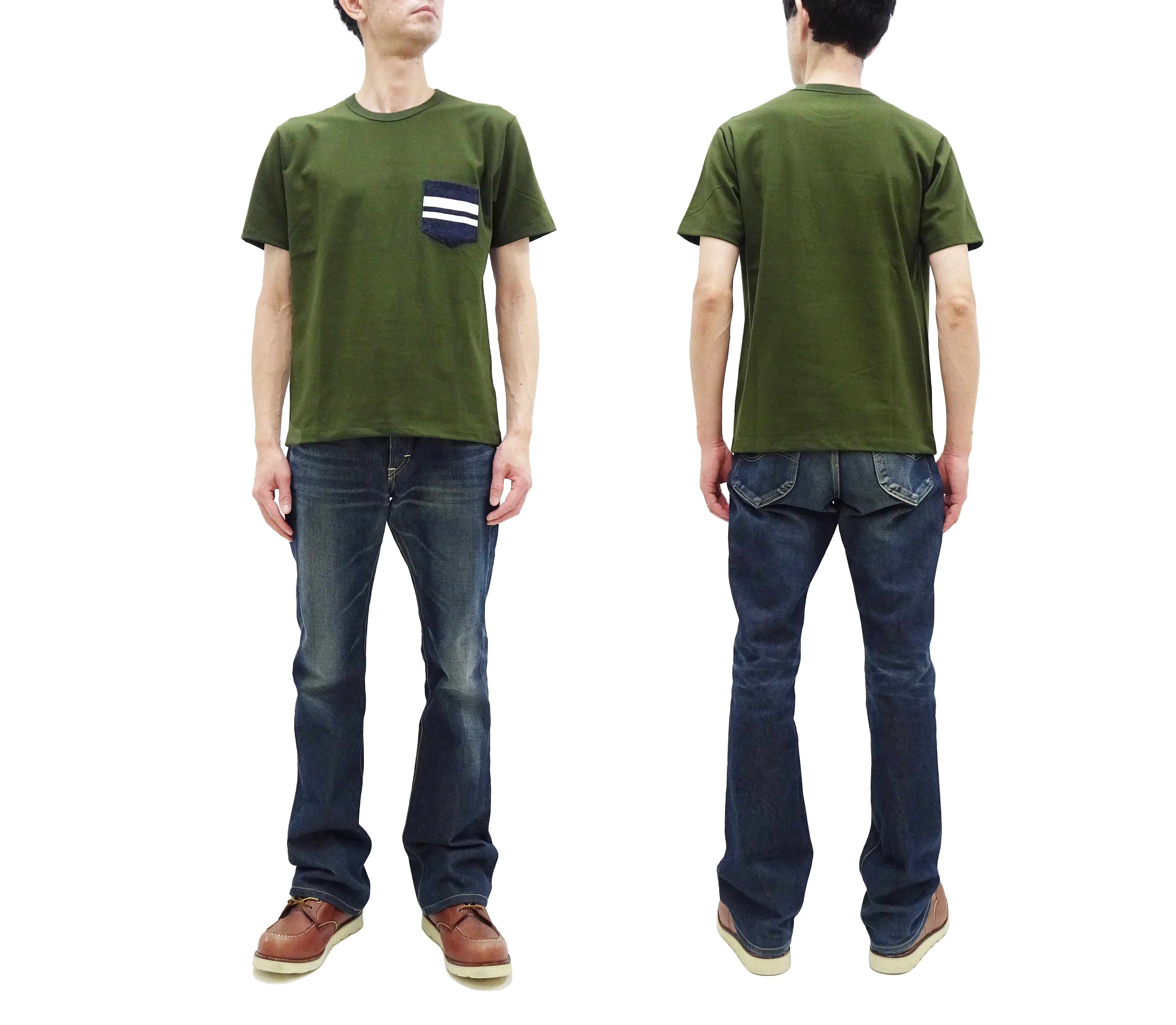 Momotaro Jeans Pocket T-shirt Men's Short Sleeve Tee Shirt with GTB Striped Denim Pocket MZTS0003 OD Oleve-Green