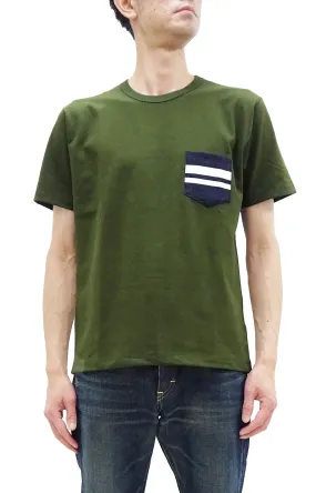 Momotaro Jeans Pocket T-shirt Men's Short Sleeve Tee Shirt with GTB Striped Denim Pocket MZTS0003 OD Oleve-Green