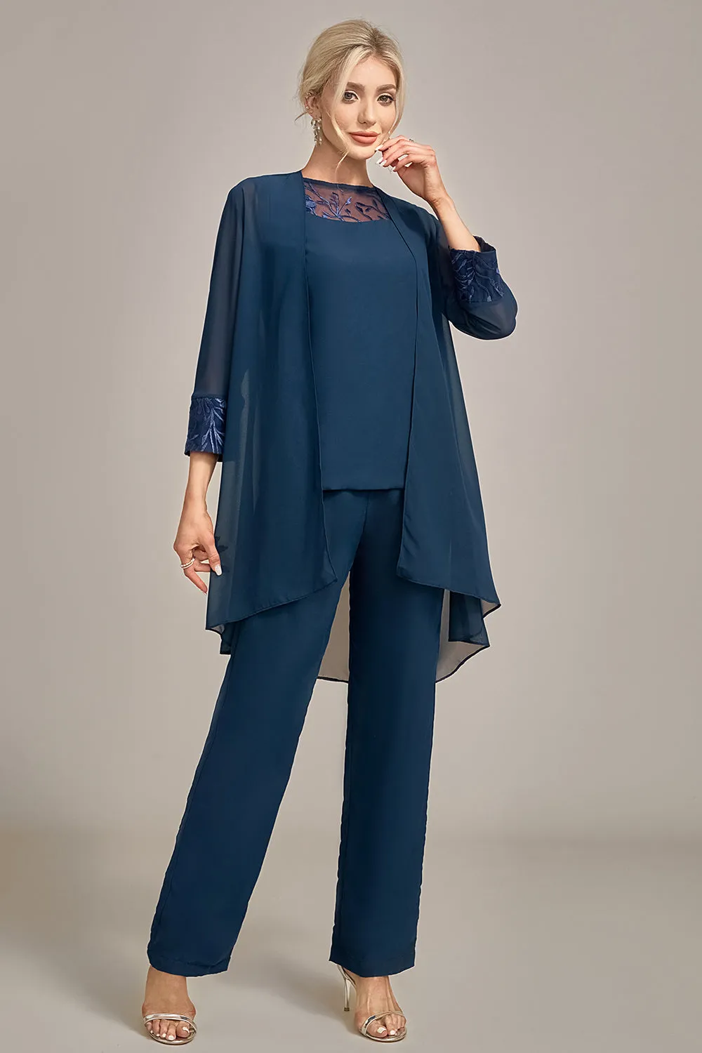 Navy Long Sleeves 3 Pieces Mother of the Bride Pant Suits